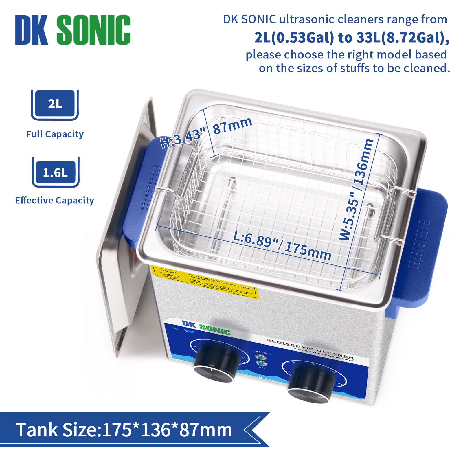 DK SONIC 2L Ultrasonic Cleaner - Stainless Steel Jewelry Cleaner with Timer, Heater & Basket | Professional Cleaning for Jewelry, Eyeglasses, Coins, Carburetor Parts | Perfect for Home, Jewelry Stores & Repair Shops (110V, 0.53Gal)