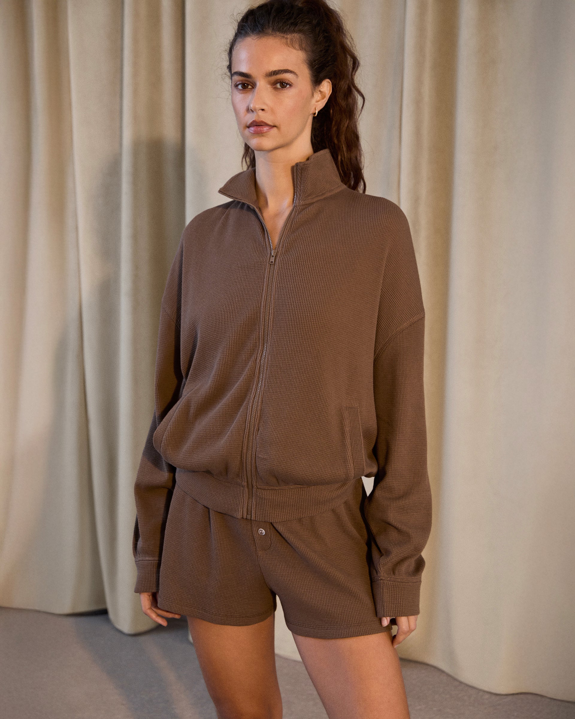 Waffle Full Zip Funnel Neck Sweatshirt for Women - Soft & Cozy Mocha Brown Pullover - Perfect for Casual Outfits, Lounge Wear & Fall Fashion