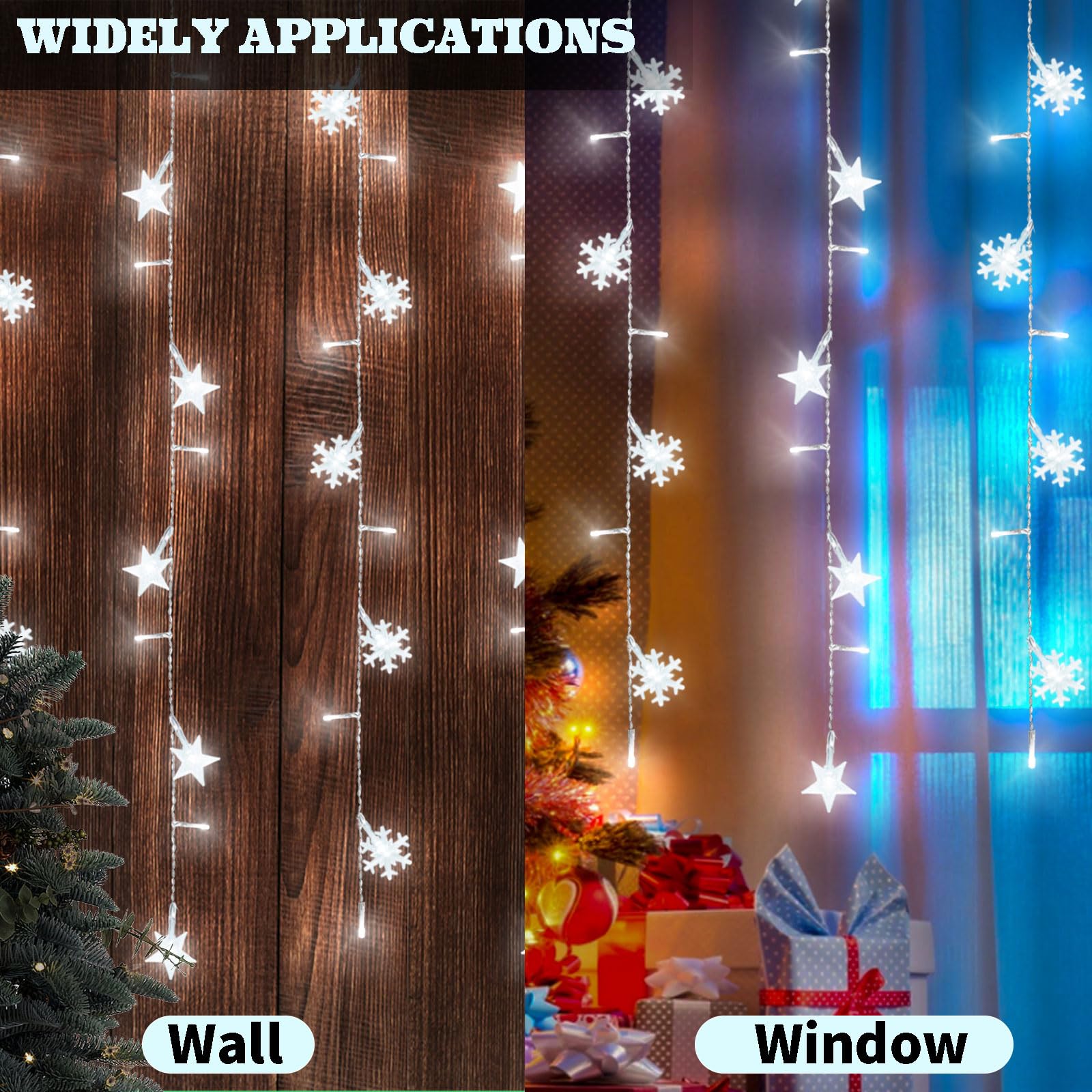 8 Modes Christmas Curtain String Lights with Snowflake & Star Designs - USB Plug-in Wall Lights for Indoor/Outdoor Holiday Decor - White Christmas Window Lights for Home, Party & Festive Decorations