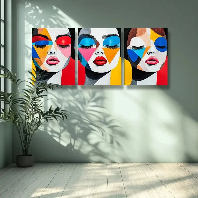 3-Piece Classic Decor Metal Print Wall Art - Ready to Hang Makeup Girl Portrait for Living Room, Bedroom & Office Decor