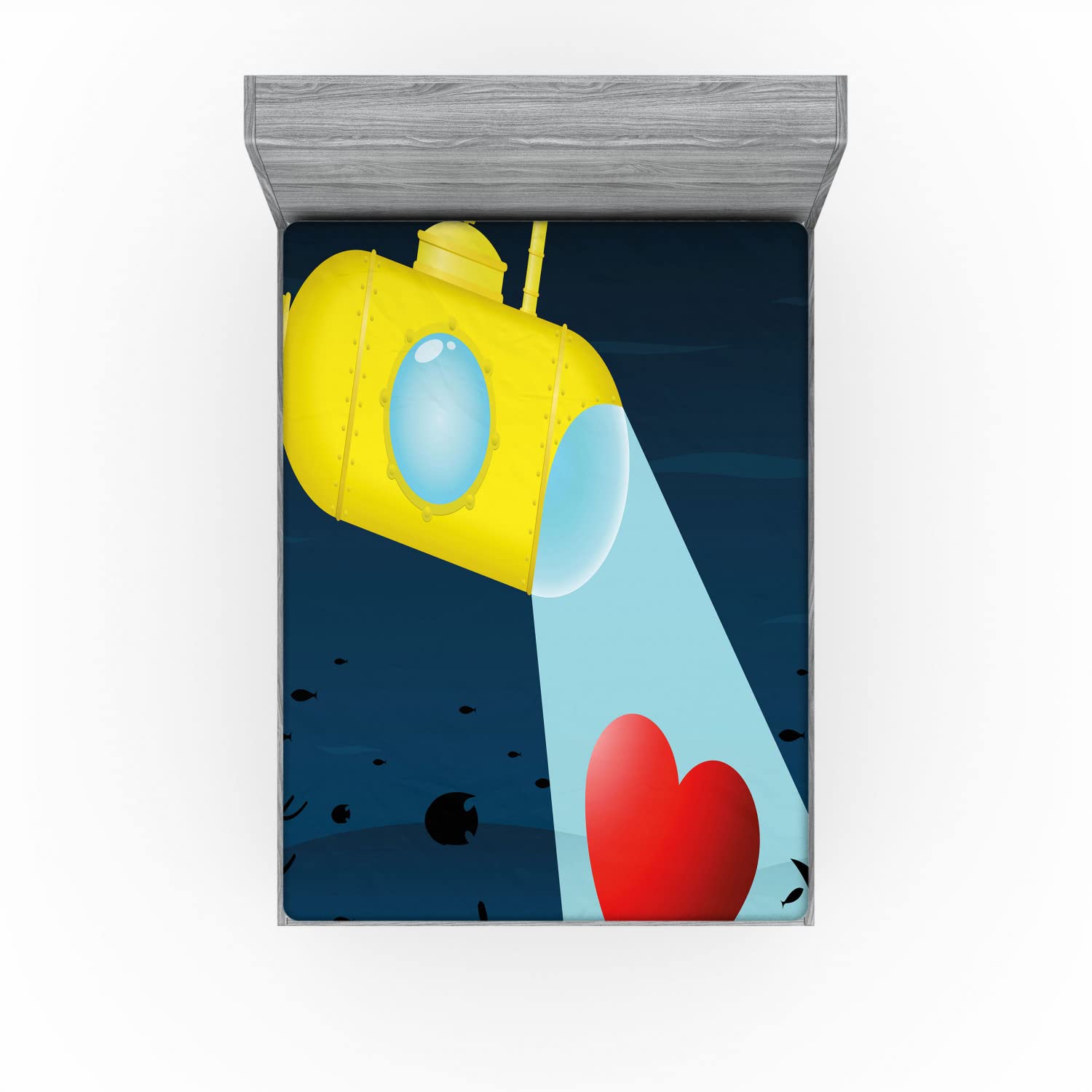 Ambesonne Yellow Submarine Fitted Sheet - Underwater Submarine & Heart Romance Design - Deep Pocket Elastic Queen Size Bed Cover in Yellow & Dark Blue | Perfect for Nautical Themed Bedrooms & Unique Gift Ideas