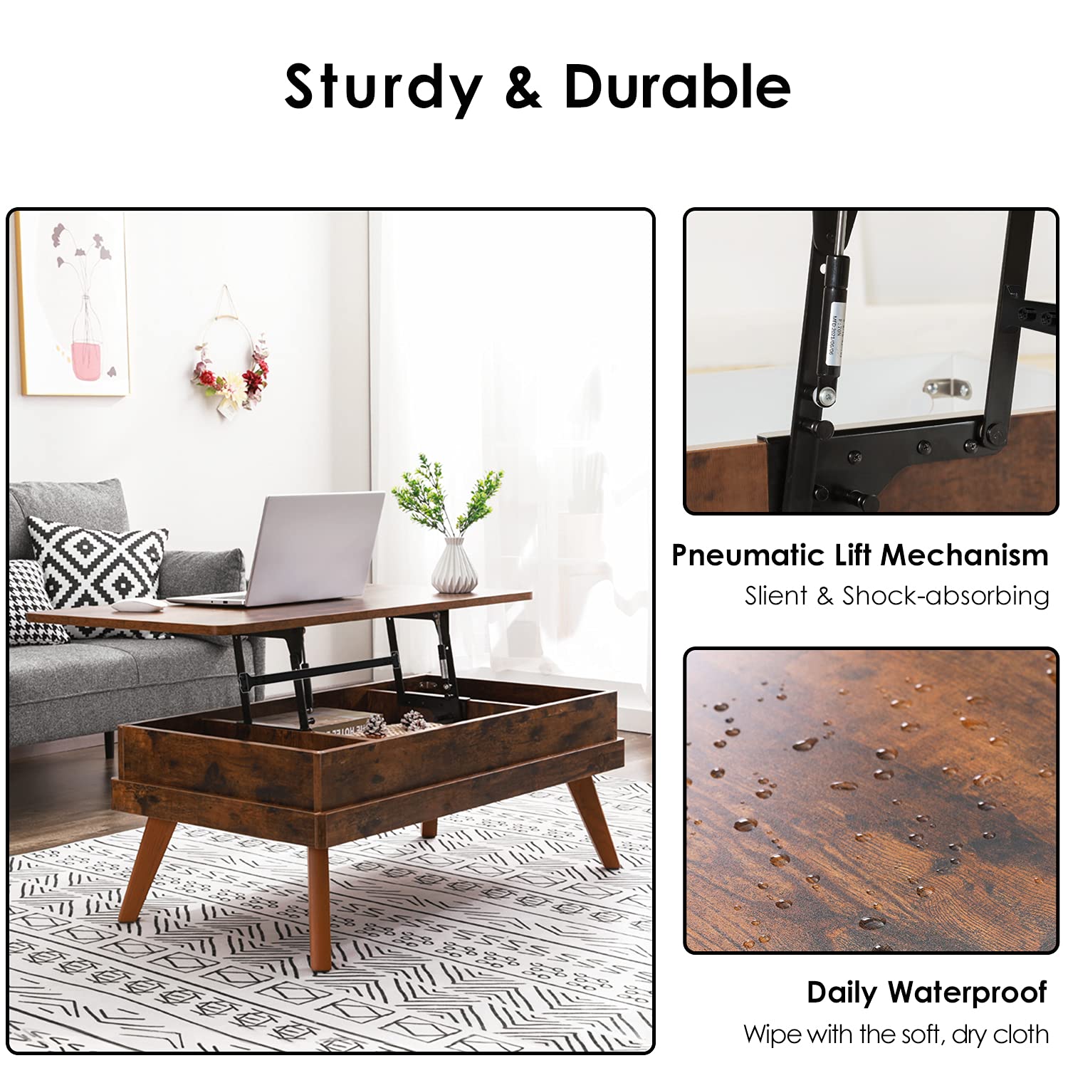 Lift Top Coffee Table with Hidden Storage - Easy to Assemble Industrial Style Center Table for Living Room, Home Office & Reception - Rustic Brown Finish | Perfect for Small Spaces, Entertaining & Multi-Functional Use
