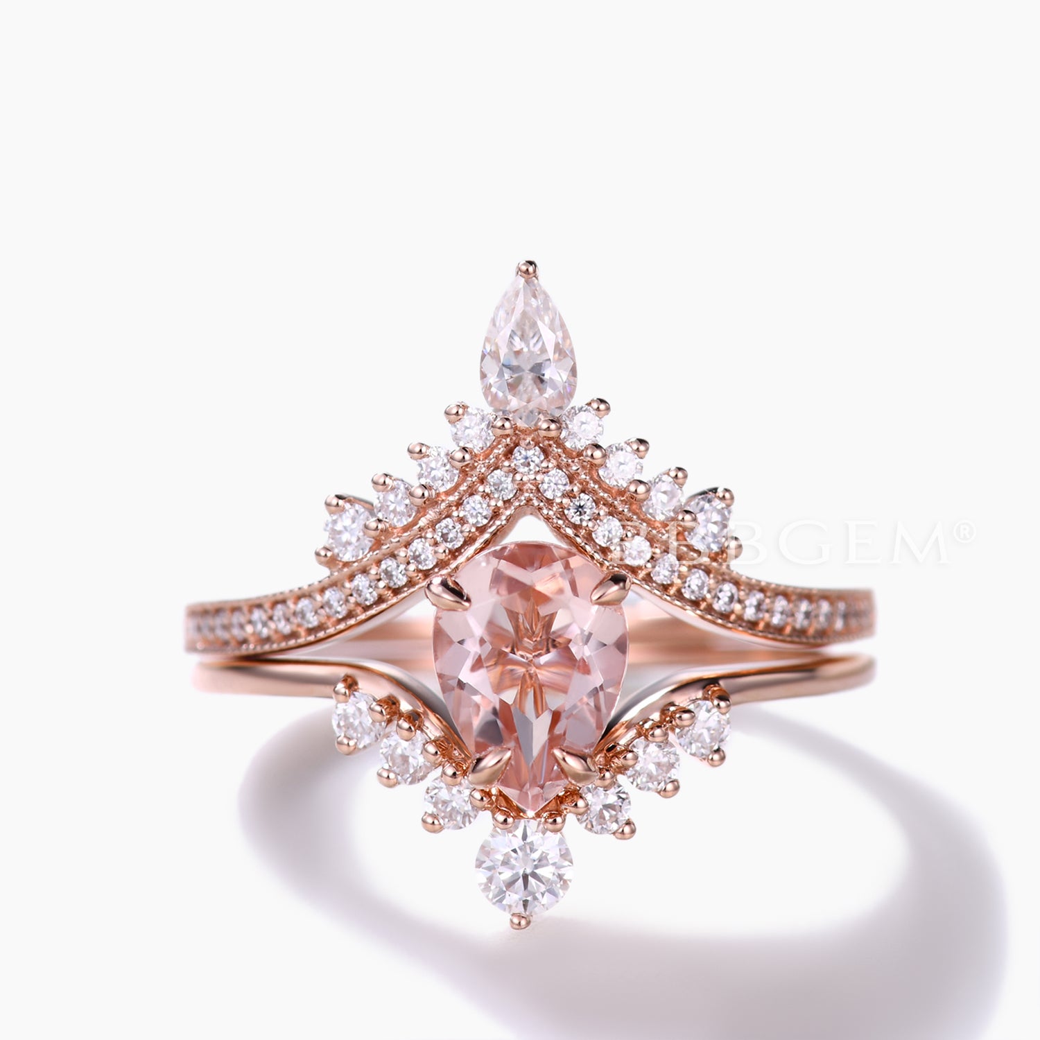 Morganite and Moissanite Teardrop Bridal Ring Set with Curved Chevron Band - Unique Crown Design for Engagement, Wedding, Anniversary Gift - Perfect for Proposals, Bridal Jewelry, and Special Occasions