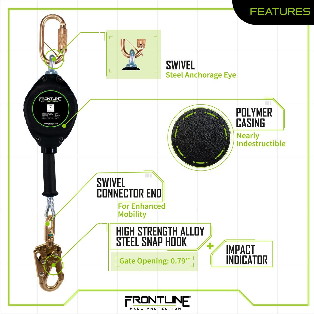 Frontline RPG20' Fall Protection Cable SRL with Steel Snap Hook | 3/16