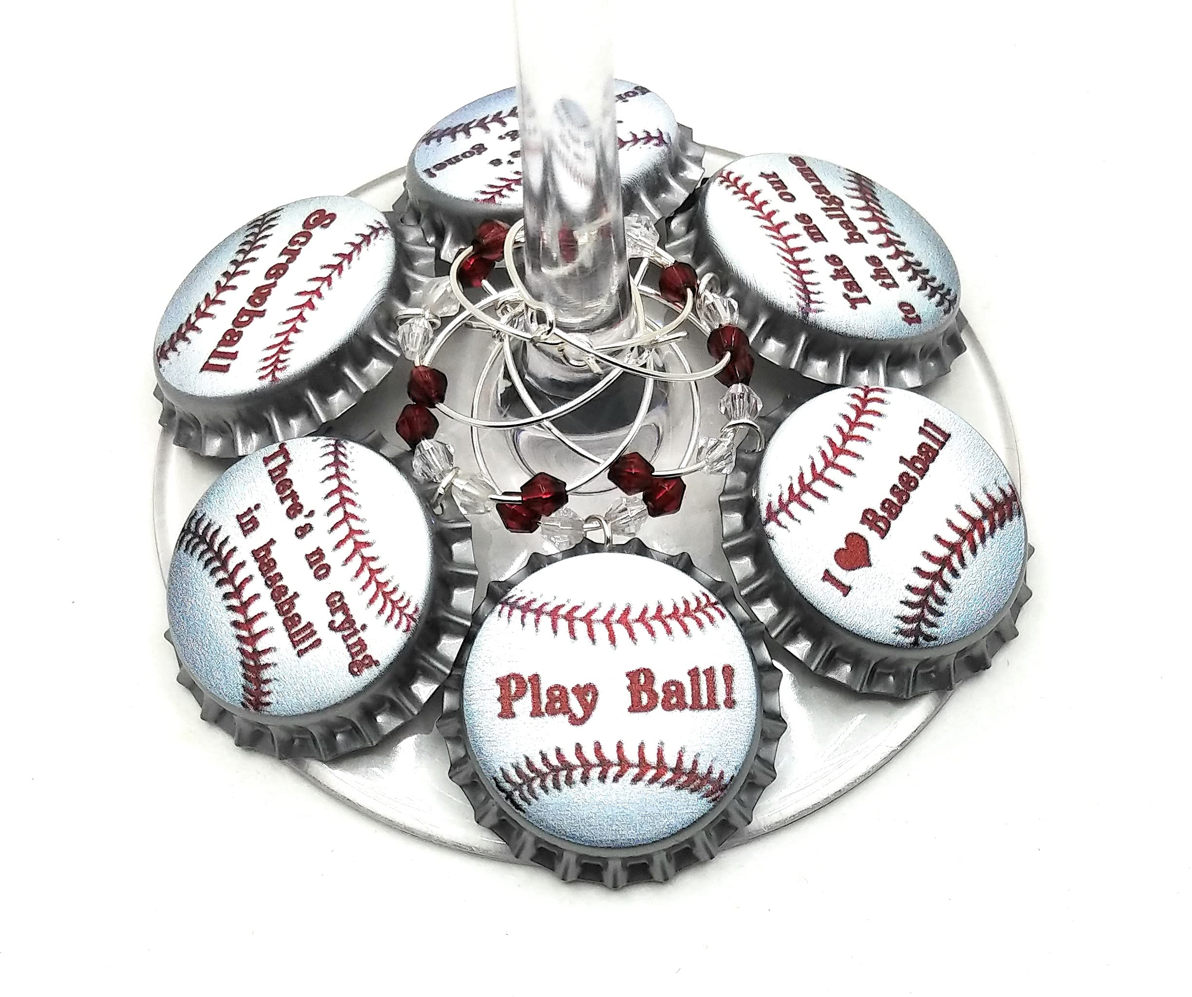 Baseball Wine Charms Set of 6 - Perfect Baseball Gifts for Dad, Softball Lovers & Wine Enthusiasts - Glass Tag Identifiers & Bottle Cap Wine Charms for Parties, BBQs & Special Occasions