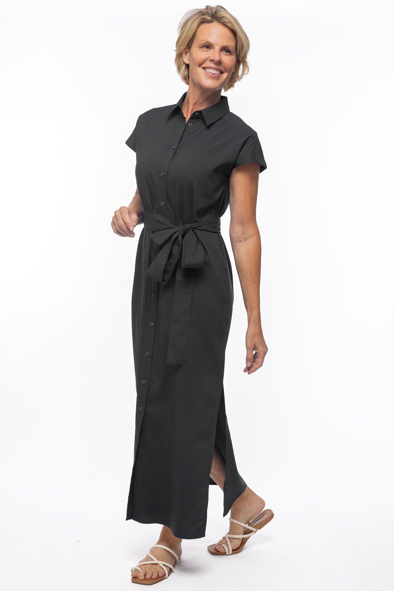 Women's Espanola Way Dress - Elegant Black Flowy Midi Dress for Summer, Beach, and Casual Outings