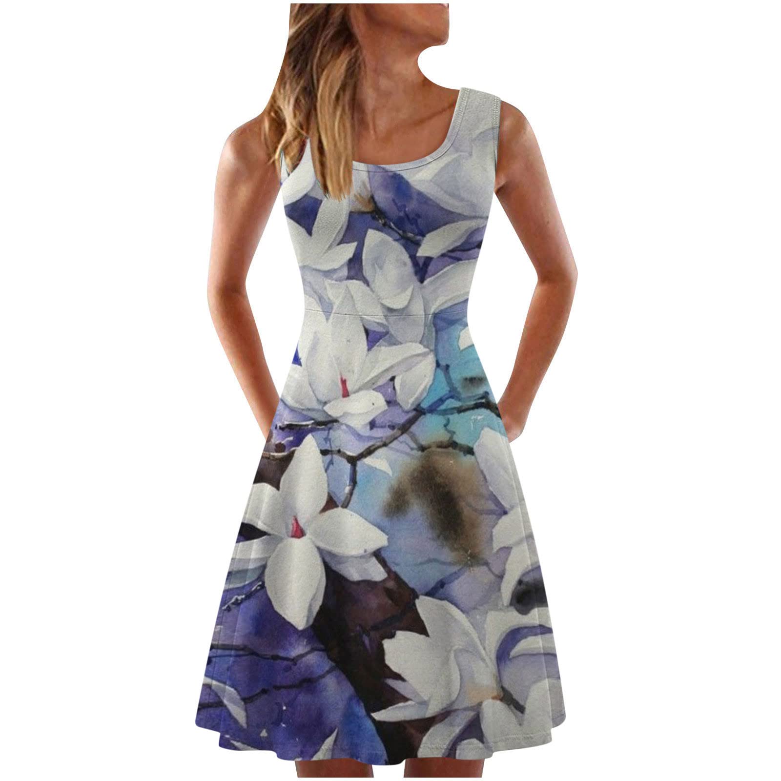 LCZIWO Women's Floral Print Sleeveless Swing Dress - Casual Summer Tank Dress with Scoop Neck, Loose Fit T-Shirt Dress for Beach, Vacation & Everyday Wear