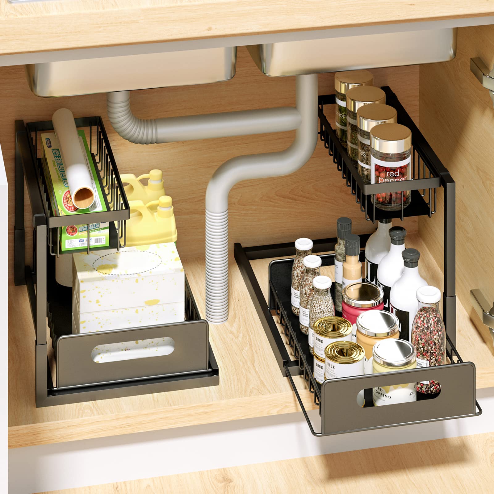 2-Tier Under Sink Organizer - Rustproof Sliding Cabinet Storage Shelf for Kitchen & Bathroom | Space-Saving Solution for Sponges, Cleaners & Toiletries Under Counter