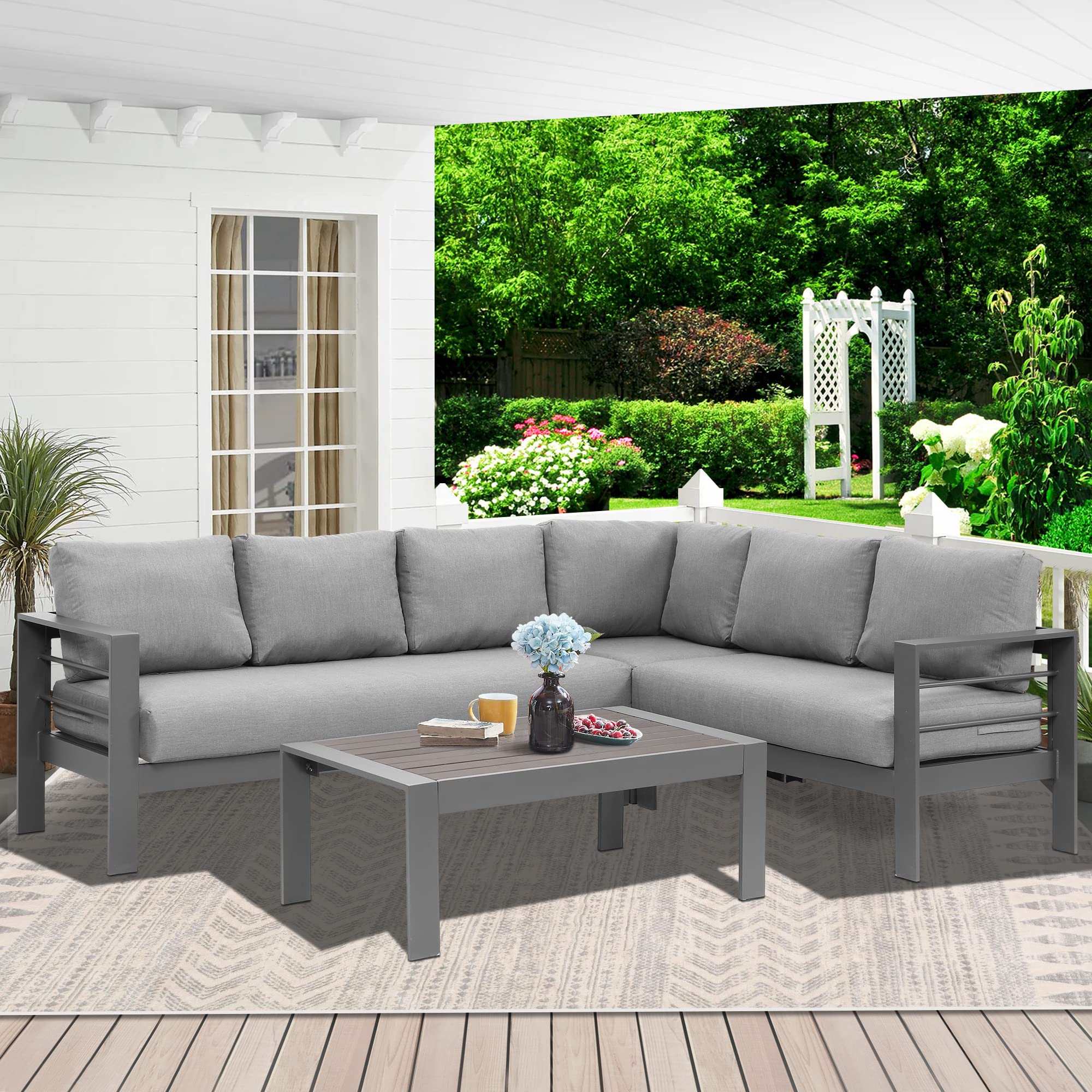 Wisteria Lane Outdoor Patio Furniture Set - 6-Piece Aluminum Sectional Sofa with Coffee Table, All-Weather Metal Conversation Set & Dark Grey Cushions - Perfect for Backyard, Garden, Poolside & Deck Relaxation
