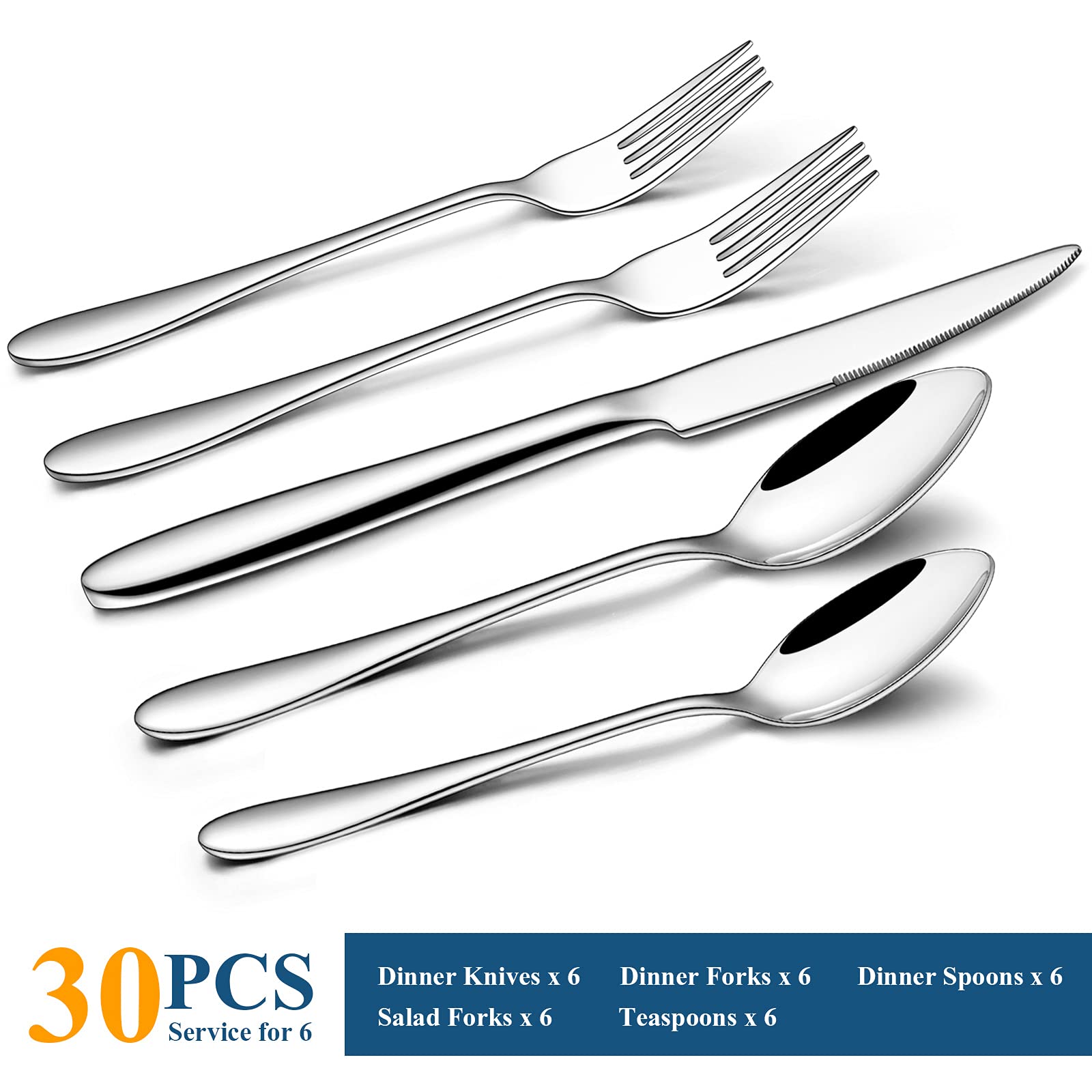 30-Piece Stainless Steel Silverware Set for 6 - Mirror Polished Flatware Cutlery Set for Home, Kitchen, Hotel & Restaurant - Dishwasher Safe - Perfect for Dinner Parties, Weddings & Daily Dining