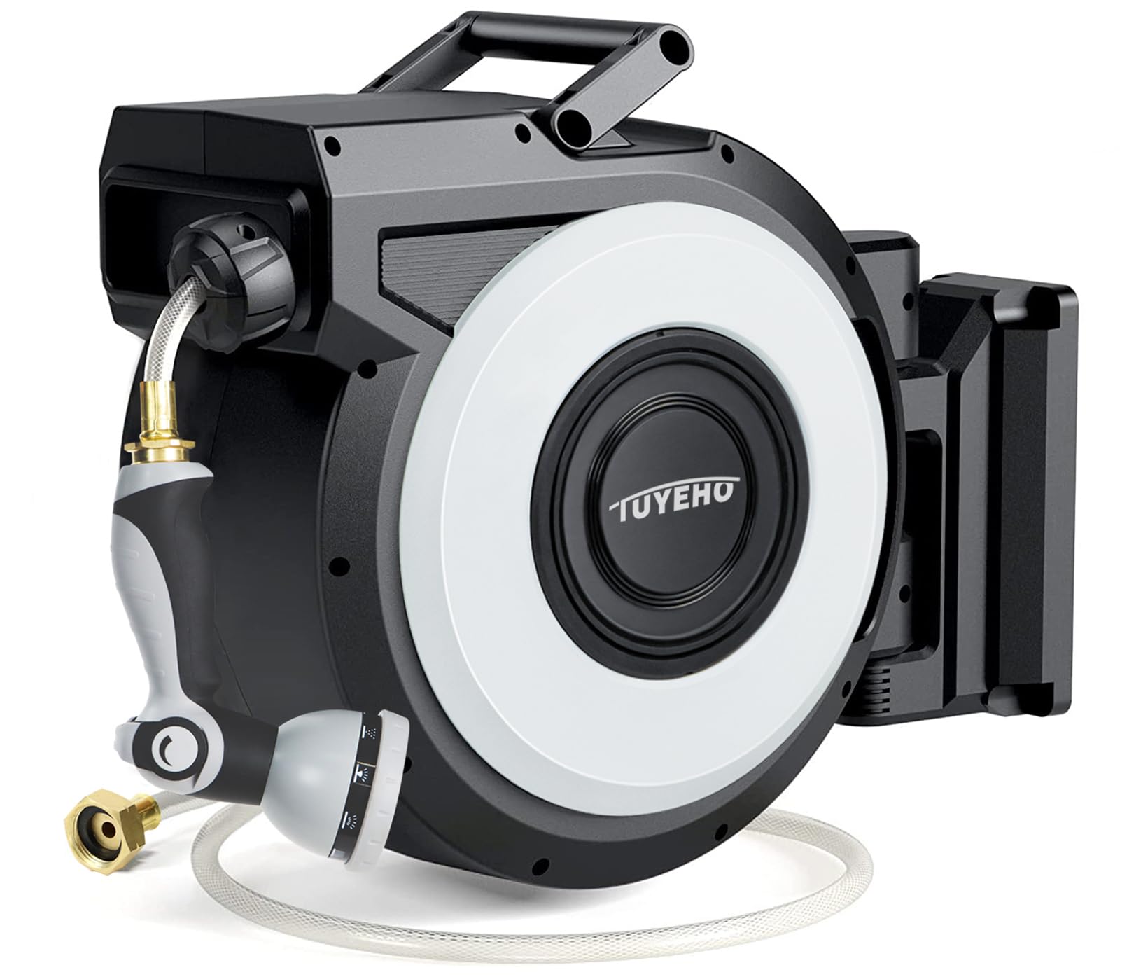 Tuyeho 130 FT Retractable Garden Hose Reel - Heavy Duty Wall Mount Water Hose Reel with Automatic Slow Rewind System - Includes 2 Hose Nozzles - Perfect for Garden Watering, Car Washing, Pet Bathing & Outdoor Cleaning