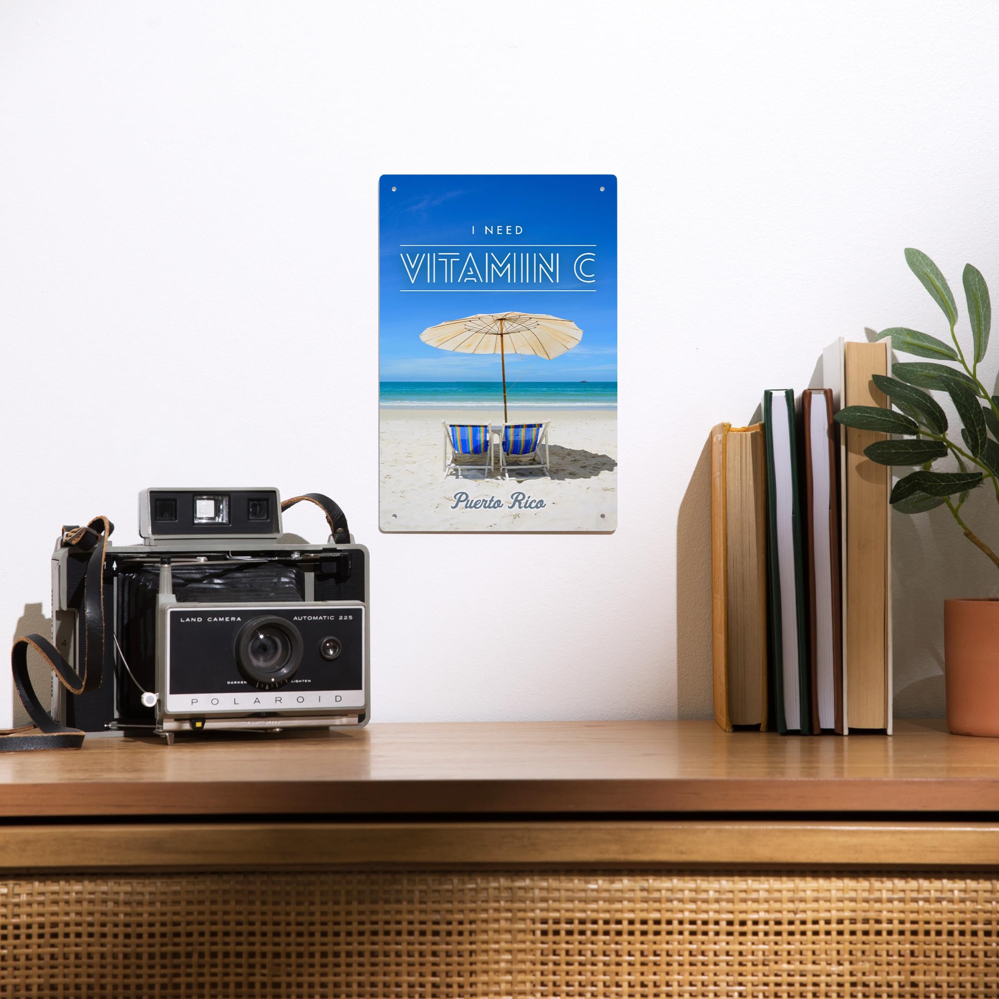 Lantern Press 6x9 Inch Puerto Rico Metal Sign - 'I Need Vitamin C' Beach Decor with Chairs & Umbrella - Perfect for Home, Office, Bar, or Outdoor Patio Decorations