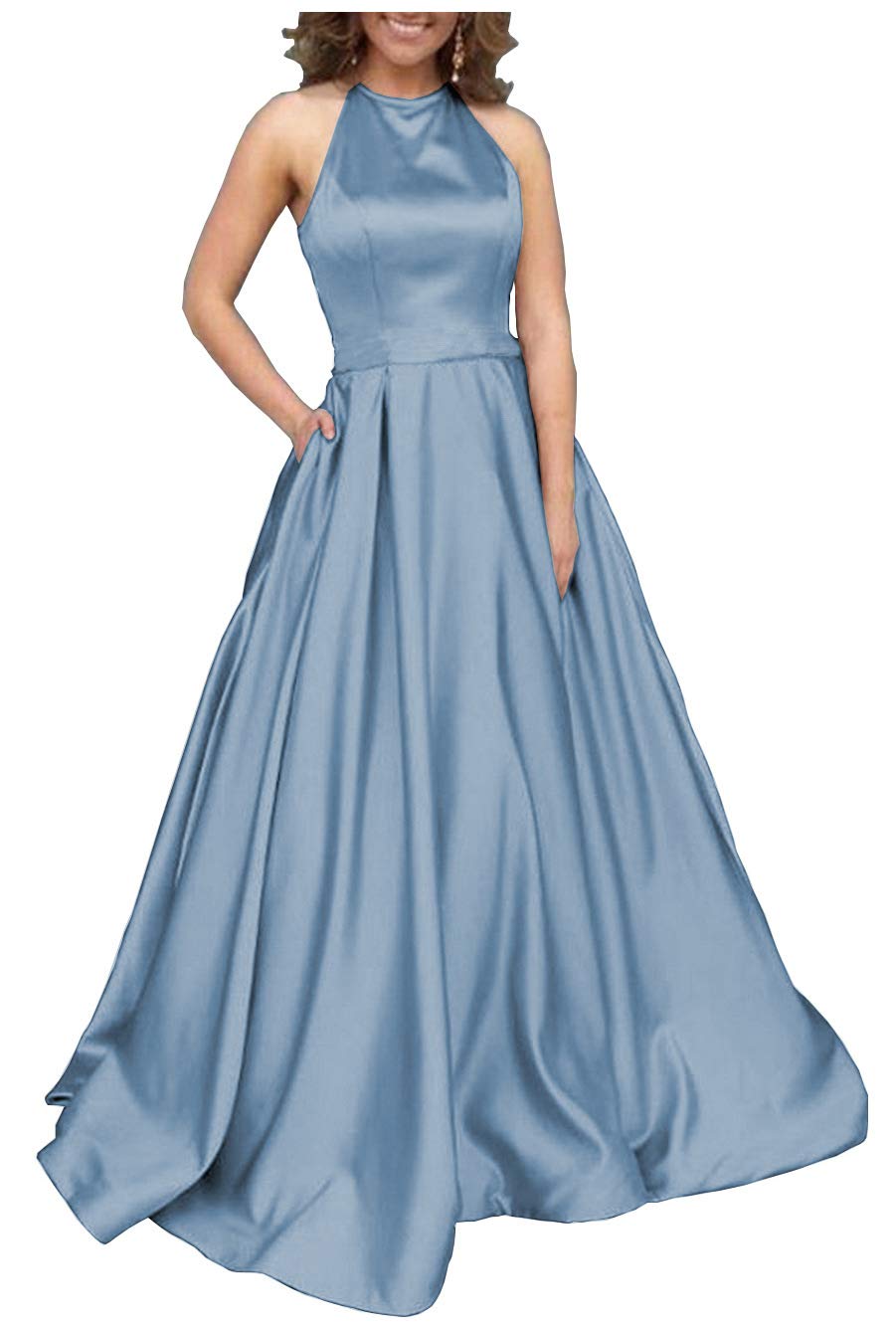 Plus Size A-Line Halter Backless Satin Prom Dress with Pockets - Long Formal Ball Gown in Dusty Blue - Size 22 for Women | Perfect for Prom, Homecoming, Evening Gala & Special Occasions