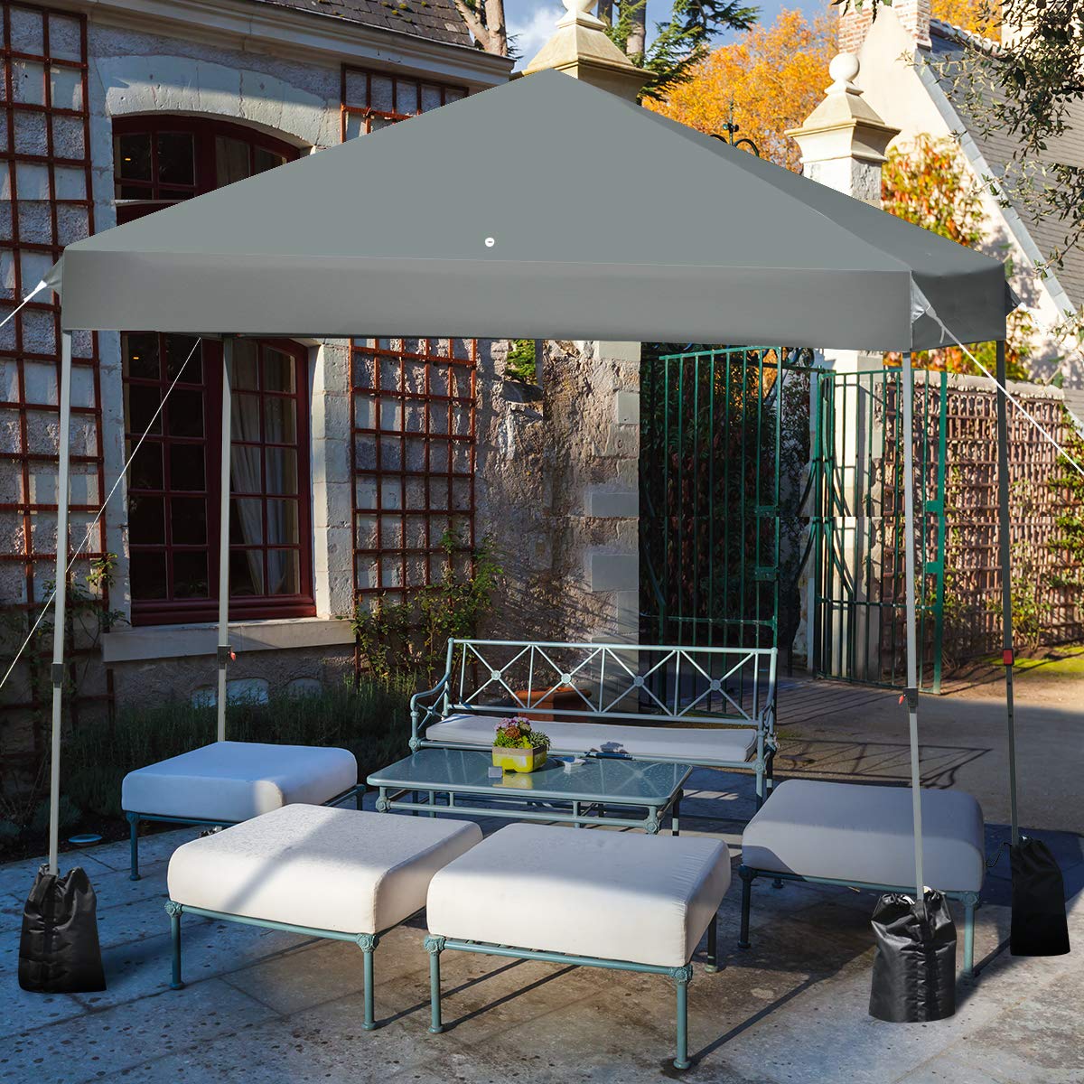 Tangkula 8x8 Ft Pop Up Canopy Tent - Portable Instant Shelter with Wheeled Carry Bag, 4 Sand Bags & 8 Stakes - Waterproof Outdoor Shade for Camping, Beach Parties, Backyard BBQs (Gray)
