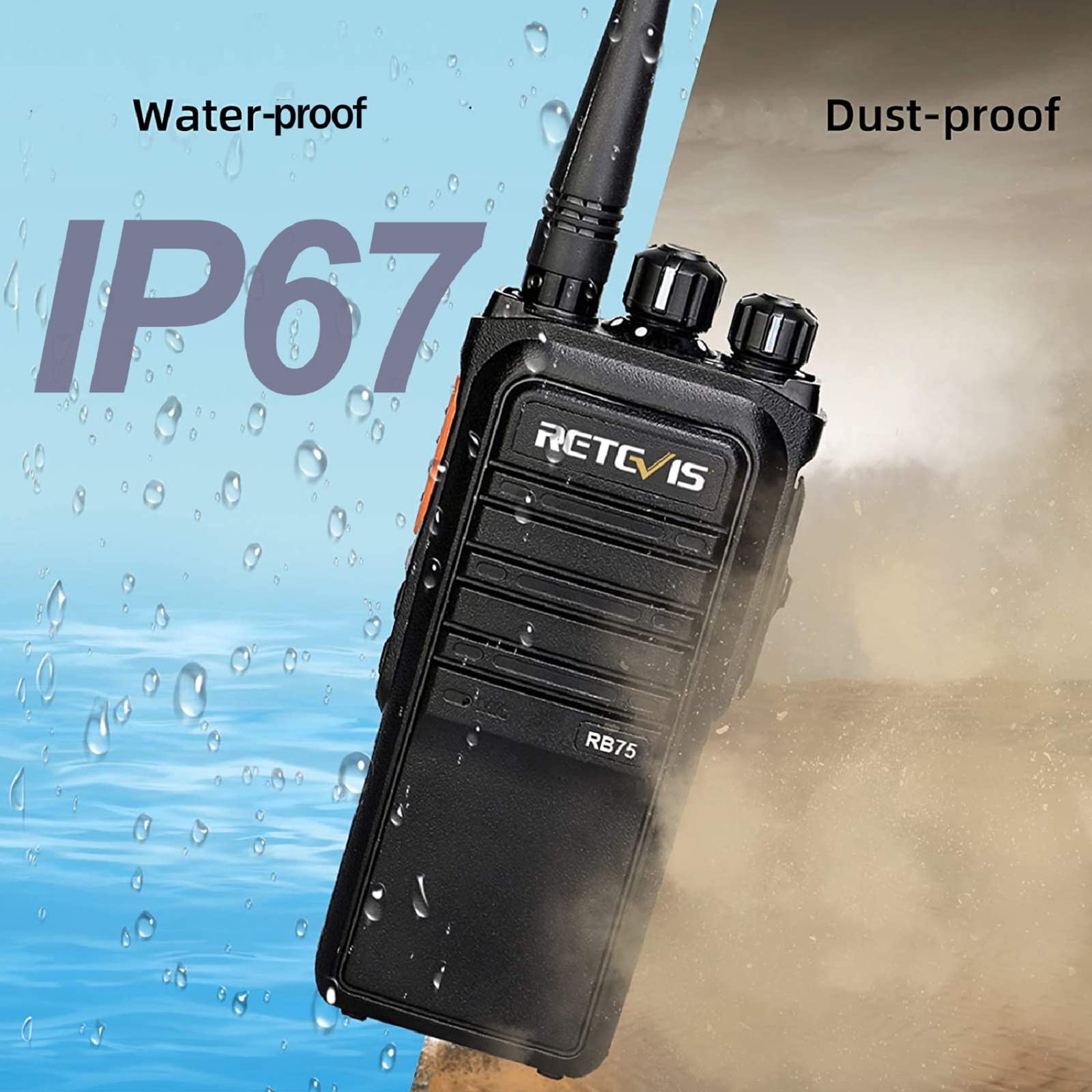 Retevis RB75 GMRS 2-Way Radios with 4500mAh Long-Lasting Battery, IP67 Waterproof Walkie Talkies, Long Range Communication for Hunting, Hiking & Camping | Emergency & Repeater Capable (1 Pack) - Perfect for Outdoor Adventures, Job Sites & Emergency Preparedness