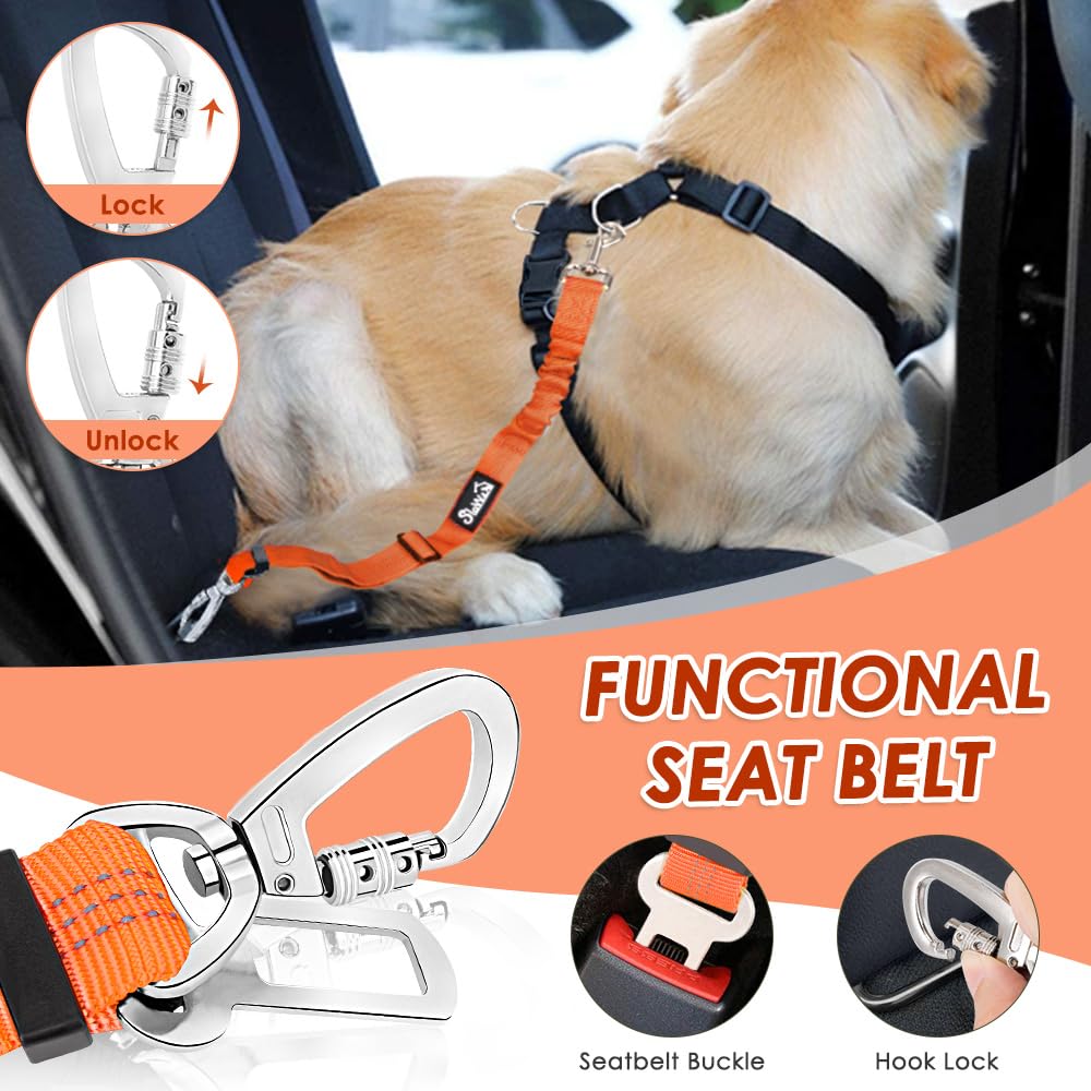 SlowTon 2 Pack Heavy Duty Adjustable Dog Seat Belt - Elastic Bungee Buffer Nylon Reflective Pet Safety Tether for Car Travel, Connects to Harness with Dual Clip (Orange) - Perfect for Road Trips & Safe Vehicle Rides with Your Pet
