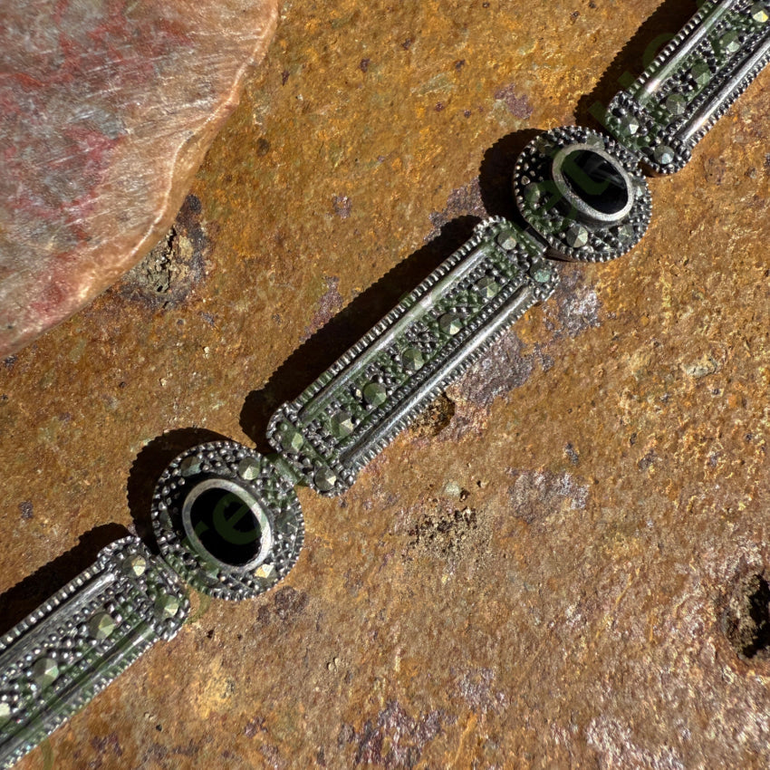 Elegant Sterling Silver Marcasite & Black Enamel Panel Bracelet - Perfect for Evening Wear & Special Occasions