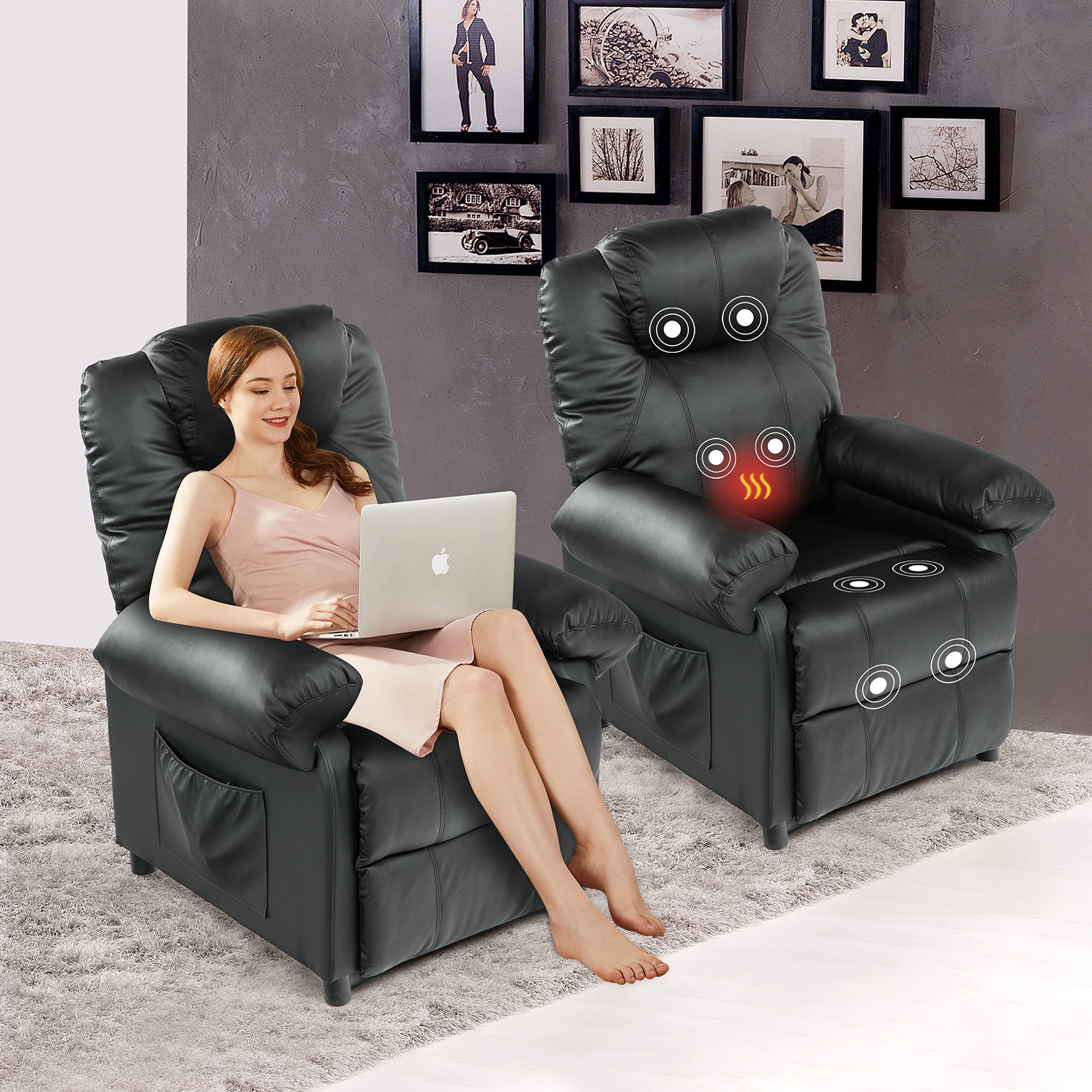 Premium PU Leather Massage Recliner Chair with Heating - Manual Reclining Living Room Sofa for Home Theater & Lounge Relaxation | Perfect for Movie Nights, Gaming, and Stress Relief