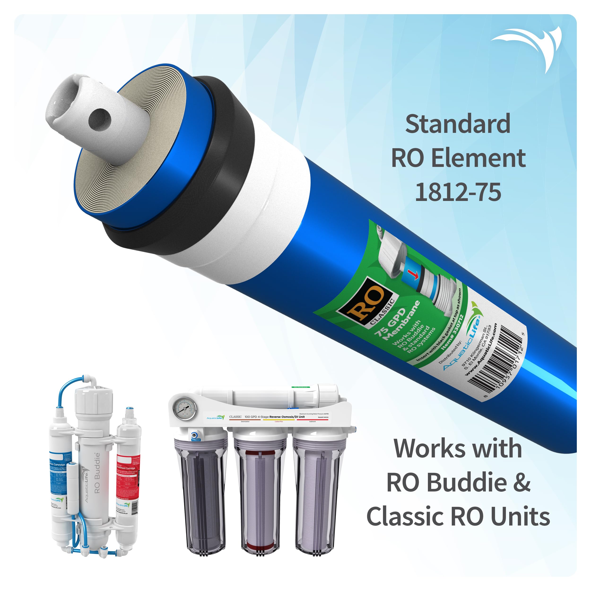 AquaticLife 75 GPD RO Membrane Replacement Cartridge - Compatible with RO Buddie & Reverse Osmosis Systems | Perfect for Home, Office & RV Water Filtration