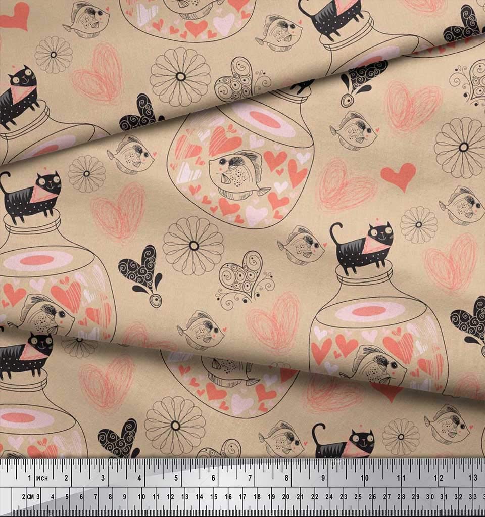 Soimoi Rayon Fabric Floral Print with Pots & Cats Design - 56 Inch Wide Fabric by The Yard - Perfect for Kids Clothing, DIY Crafts & Home Decor Projects