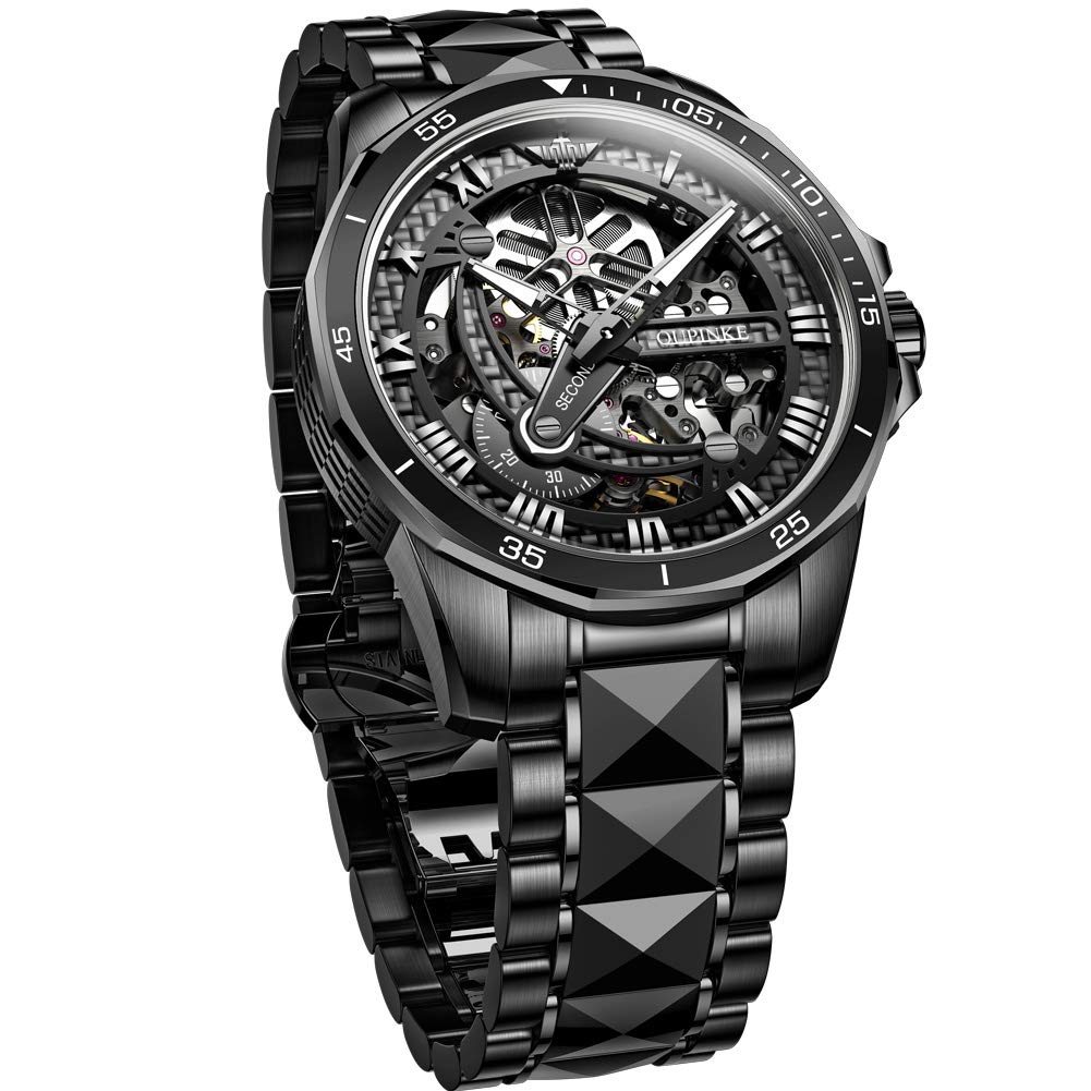 Men's Skeleton Automatic Watch - Big Face Sapphire Crystal with Roman Numerals - Self Winding Mechanical Watch in Gold/Silver/Black - Tungsten Steel Band - Perfect for Business, Formal & Casual Wear