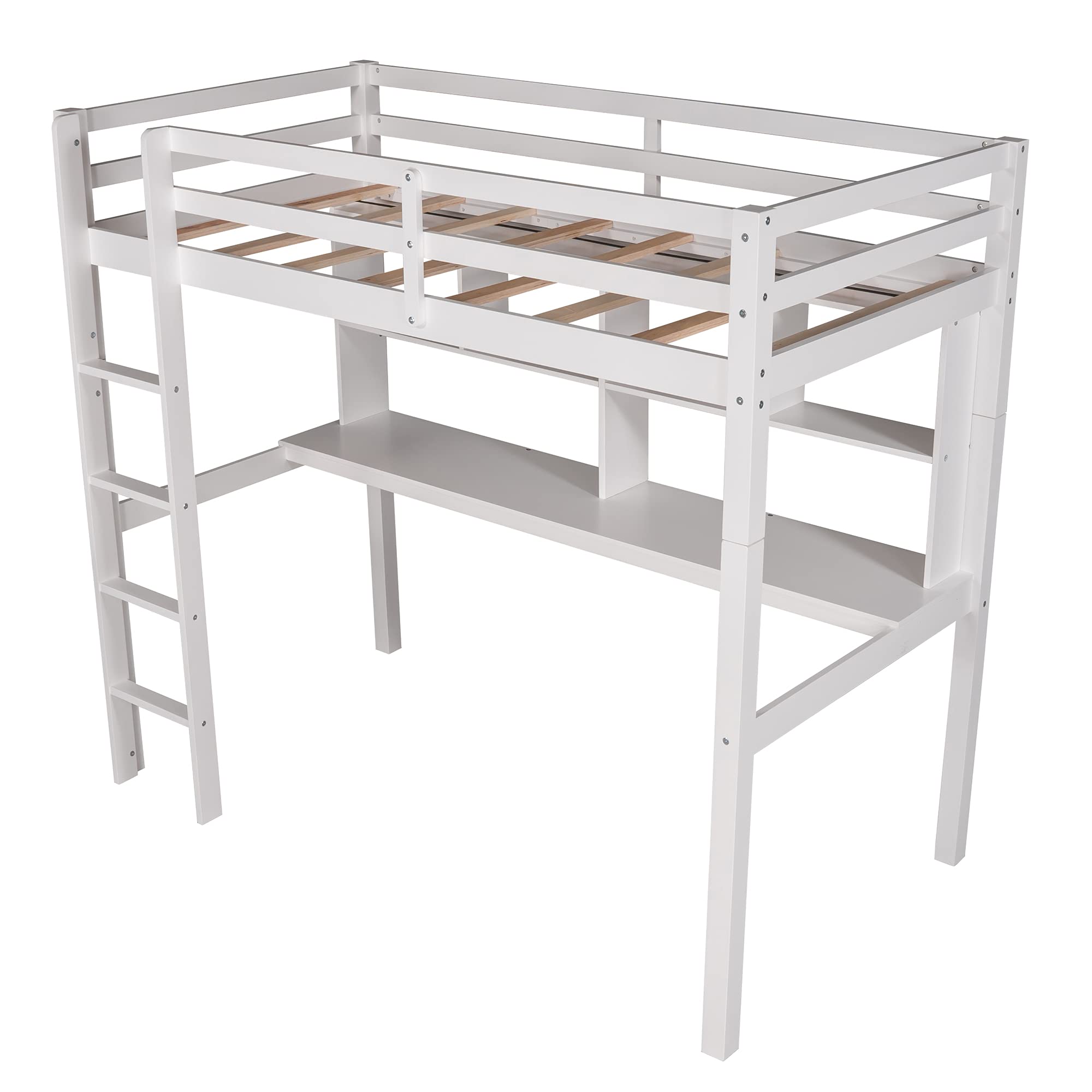 Twin Size Loft Bed with Built-in Desk & Shelves | Solid Wood Frame with Ladder & Safety Rail | No Box Spring Required | Perfect for Small Bedrooms, Dorms & Kids Rooms (White)