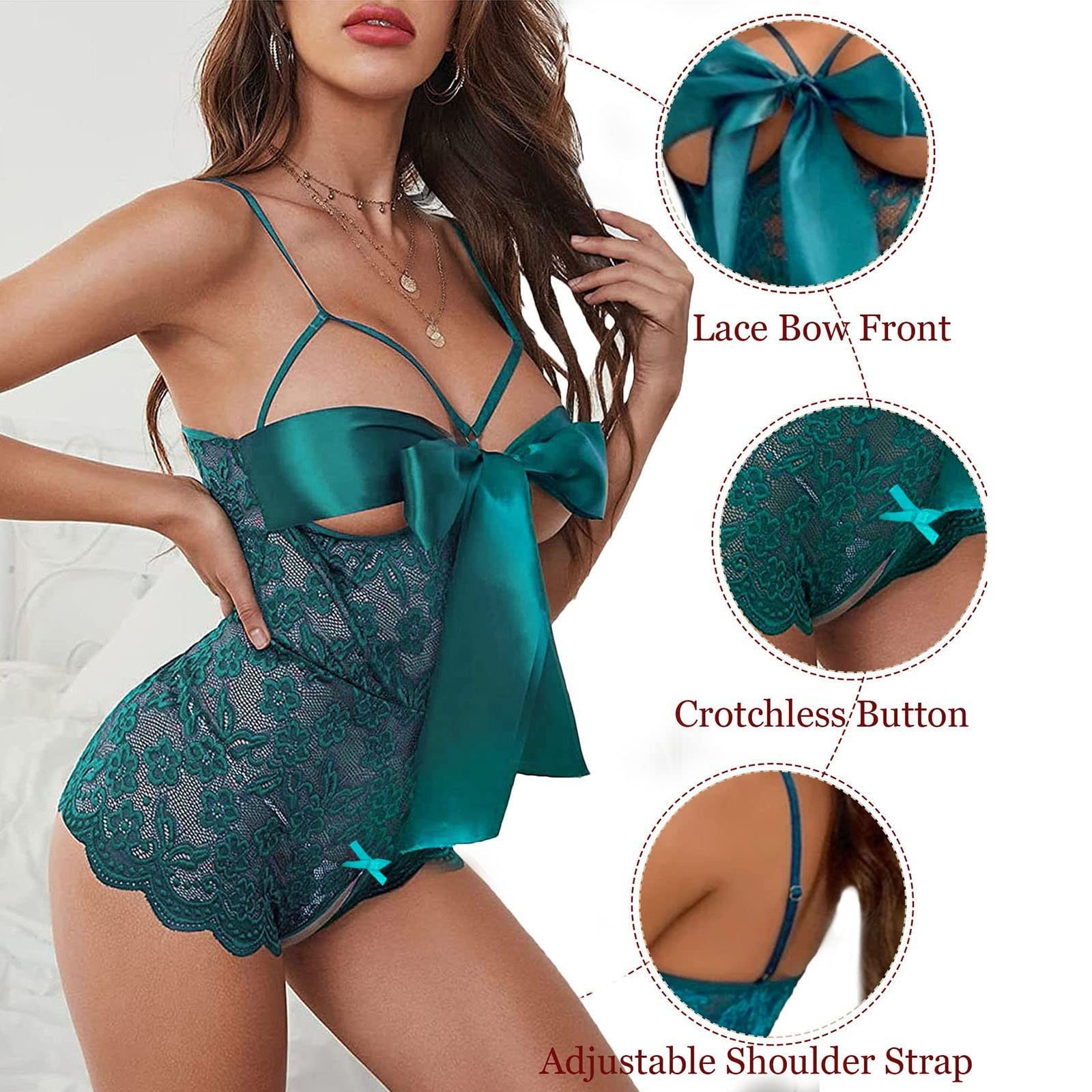 Sexy Santa Cosplay Lingerie for Women - Plus Size Lace Teddy Babydoll Bodysuit with Bowknot (XXXL, Green) | Christmas Party Outfit, Naughty Gift, Role Play Costume