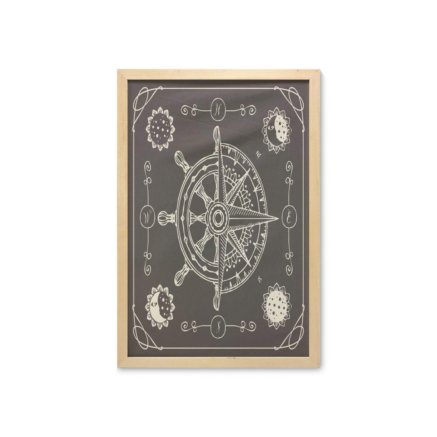 Ambesonne Nautical Wall Art with Frame - Maritime Compass Windrose Floral Sun Moon Print Fabric Poster 23