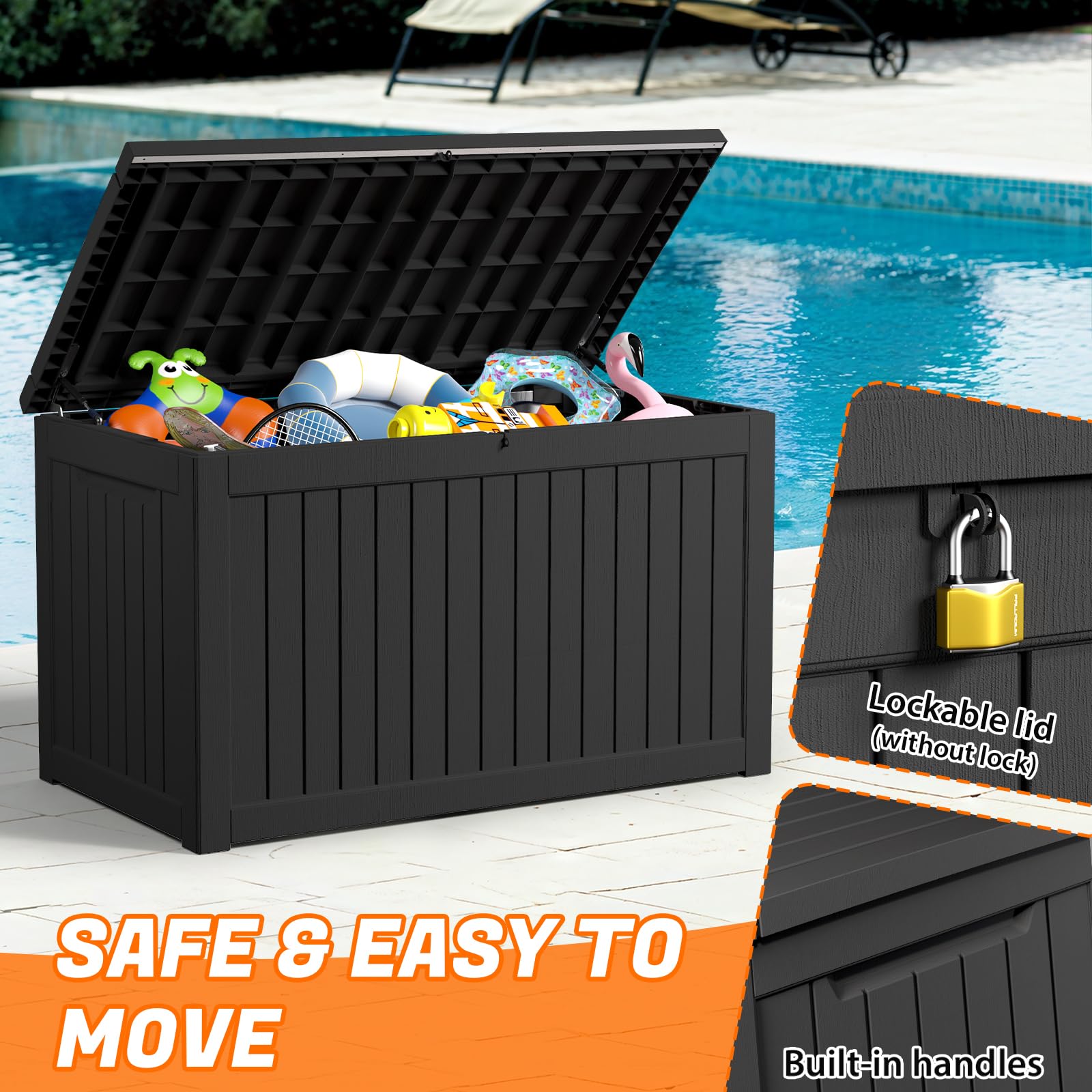 230 Gallon Resin Deck Box – Lockable Waterproof Storage Bin for Indoor & Outdoor Use – Organize Patio Furniture, Outdoor Cushions, Garden Tools & Pool Supplies – Perfect for Backyard, Poolside & Garage Storage