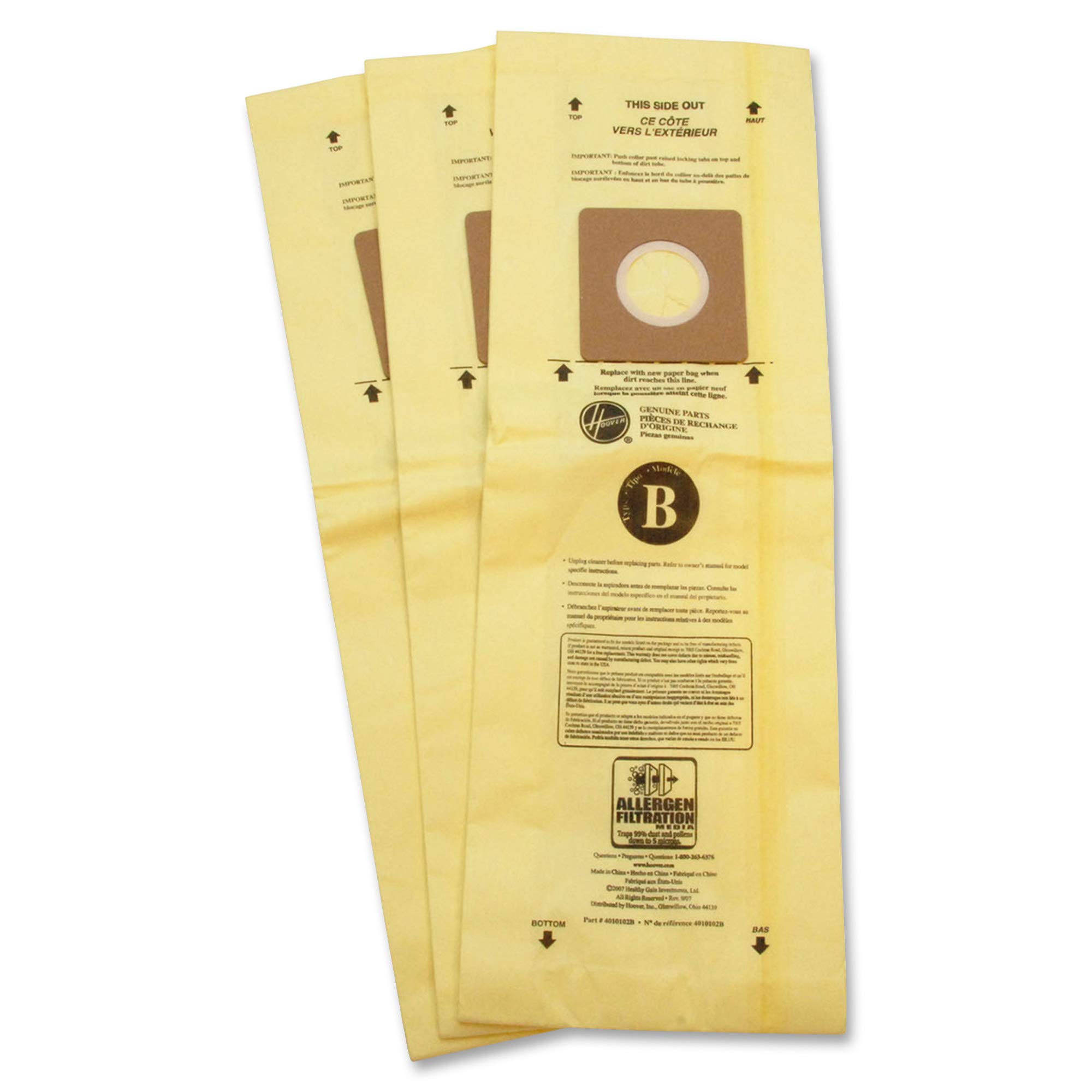 Hoover Vacuum Cleaner Bags Type B (Pack of 3) - 4010103B Allergen Filtration Replacement Bags for Upright Vacuums | Multi-Color | Ideal for Pet Hair, Dust & Allergy Relief in Home Cleaning