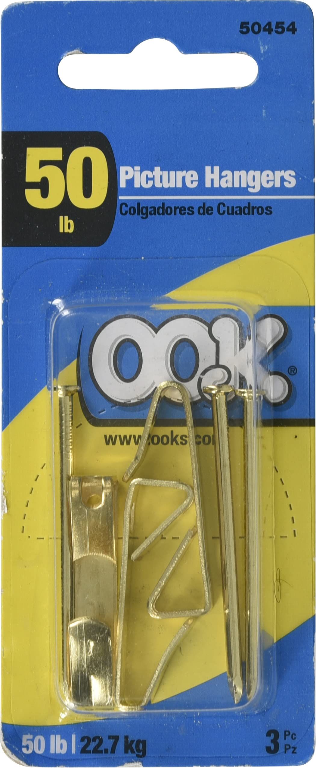 OOK 50454 Heavy Duty Picture Hangers - Reusable Brass Wall Hooks for Art & Frames (3-Pack, 50lb Capacity) - Perfect for Hanging Paintings, Mirrors & Home Decor