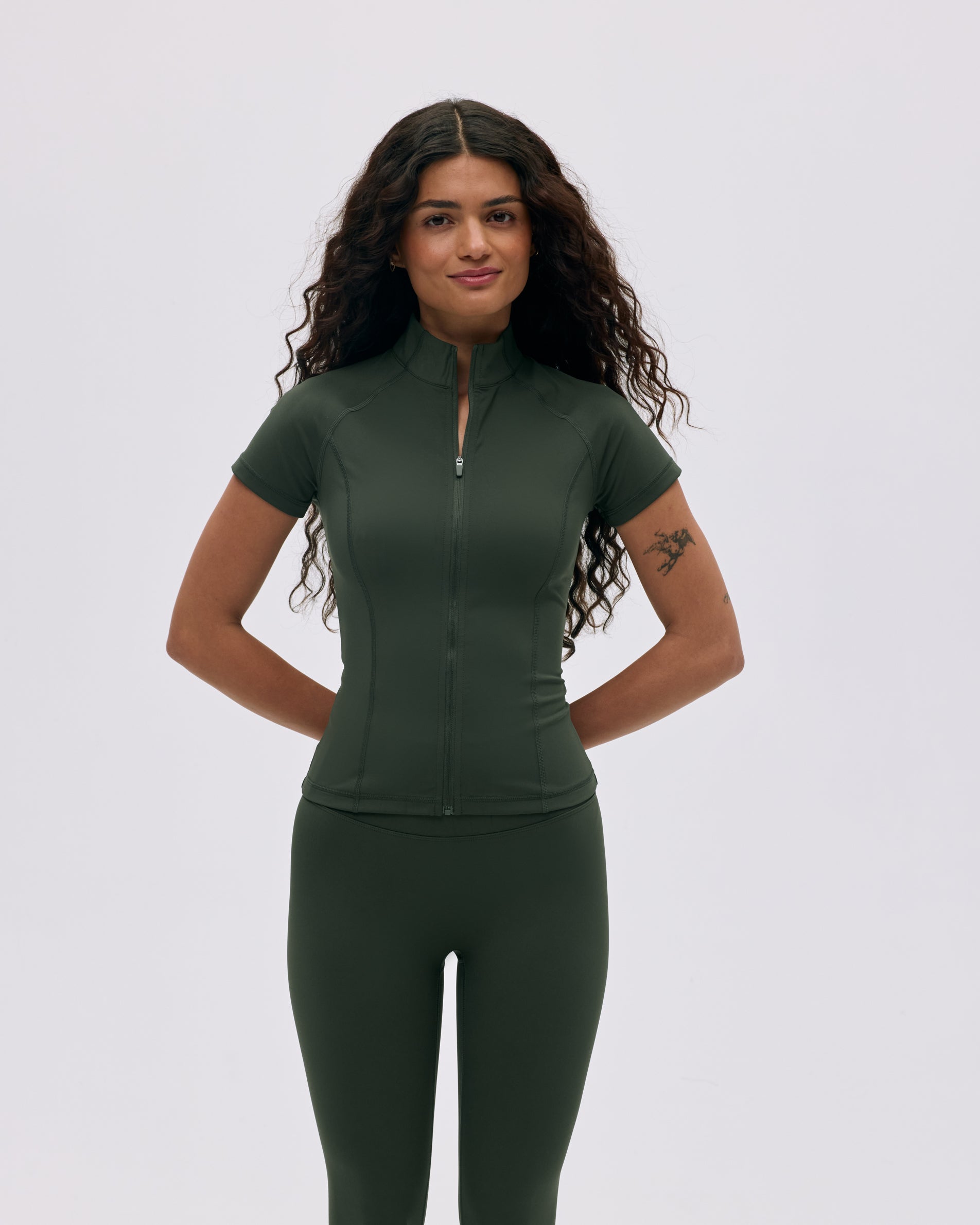 Ultimate Short Sleeve Zip Up Top for Women - Dark Olive Green Athletic Shirt | Perfect for Running, Gym Workouts & Outdoor Activities