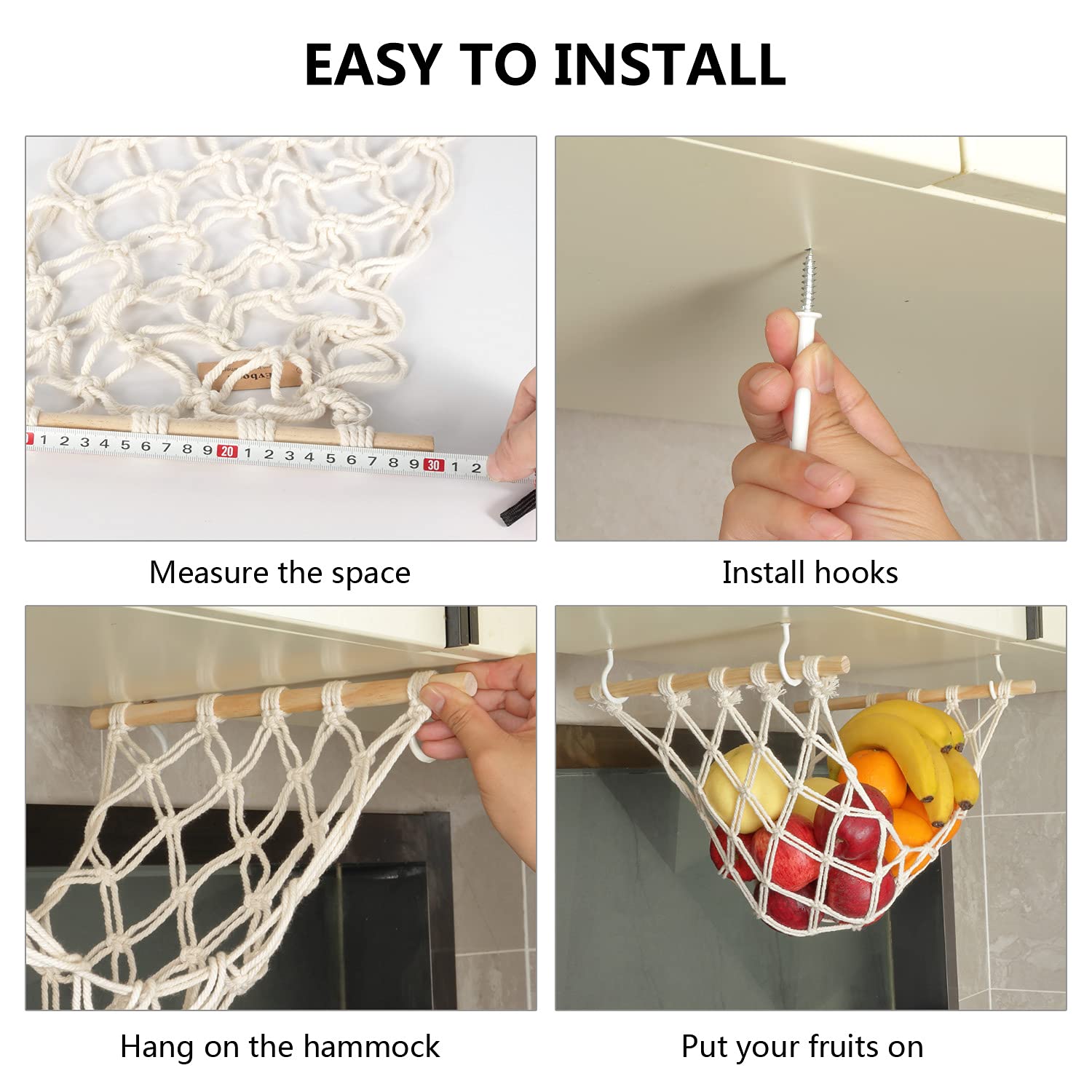 Macrame Fruit Basket for Kitchen - Under Cabinet Hanging Fruit Hammock with Hooks for Bananas, Apples & Produce Storage | Space-Saving Kitchen Décor for Pantry & Countertop Organization