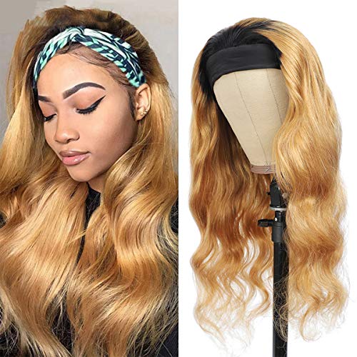 Kislemon Blonde Body Wave Human Hair Headband Wig - 1 Piece Dark Root Ombre 1B/#27 Brazilian Hair, No Lace Front Wigs for Black Women (26