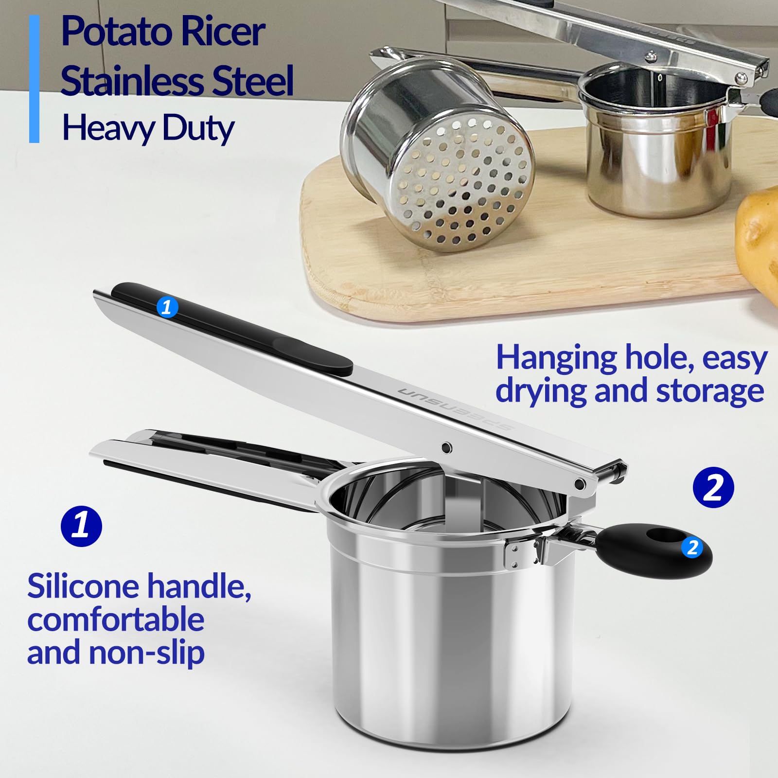 SPEENSUN Stainless Steel Potato Ricer & Masher - 15oz Heavy Duty with 2 Interchangeable Cups - Perfect for Fluffy Mashed Potatoes, Baby Food & Spaetzle Making - Ideal for Home Cooking, Restaurants & Meal Prep
