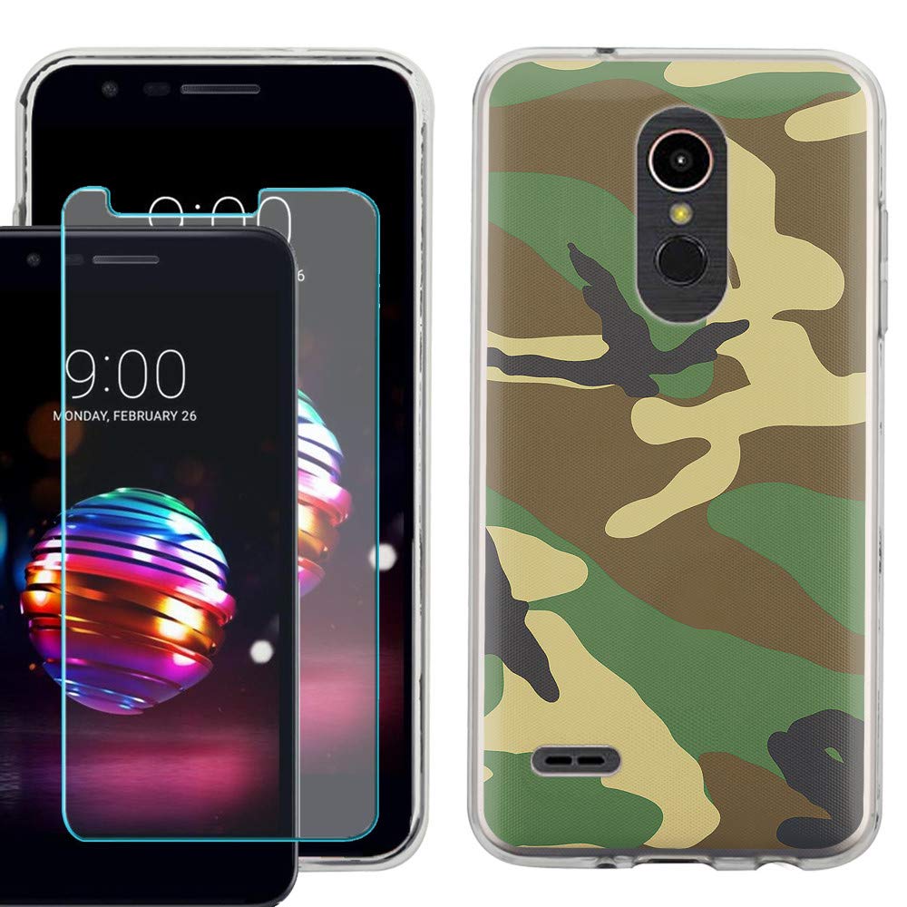 LG Phoenix Plus/Harmony 2 Phone Case - Slim TPU with Tempered Glass - Camo Green for Outdoor Protection