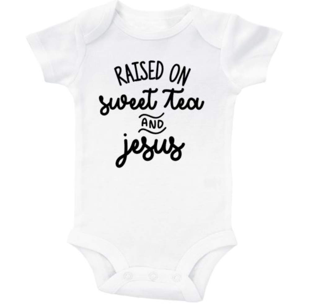 Raised On Sweet Tea and Jesus Baby Christian Onesie - Unisex Newborn Outfit for Baptism, Church & Family Gatherings