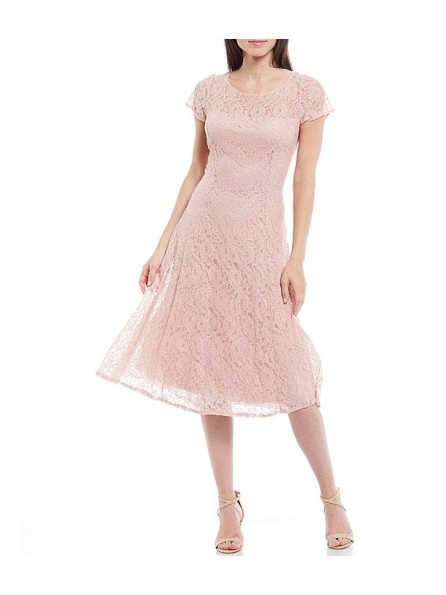 S.L. Fashions Women's Short Sleeve Sequin Lace Tea-Length Mother of the Bride Dress - Petite & Regular Sizes - Perfect for Weddings, Parties & Special Occasions