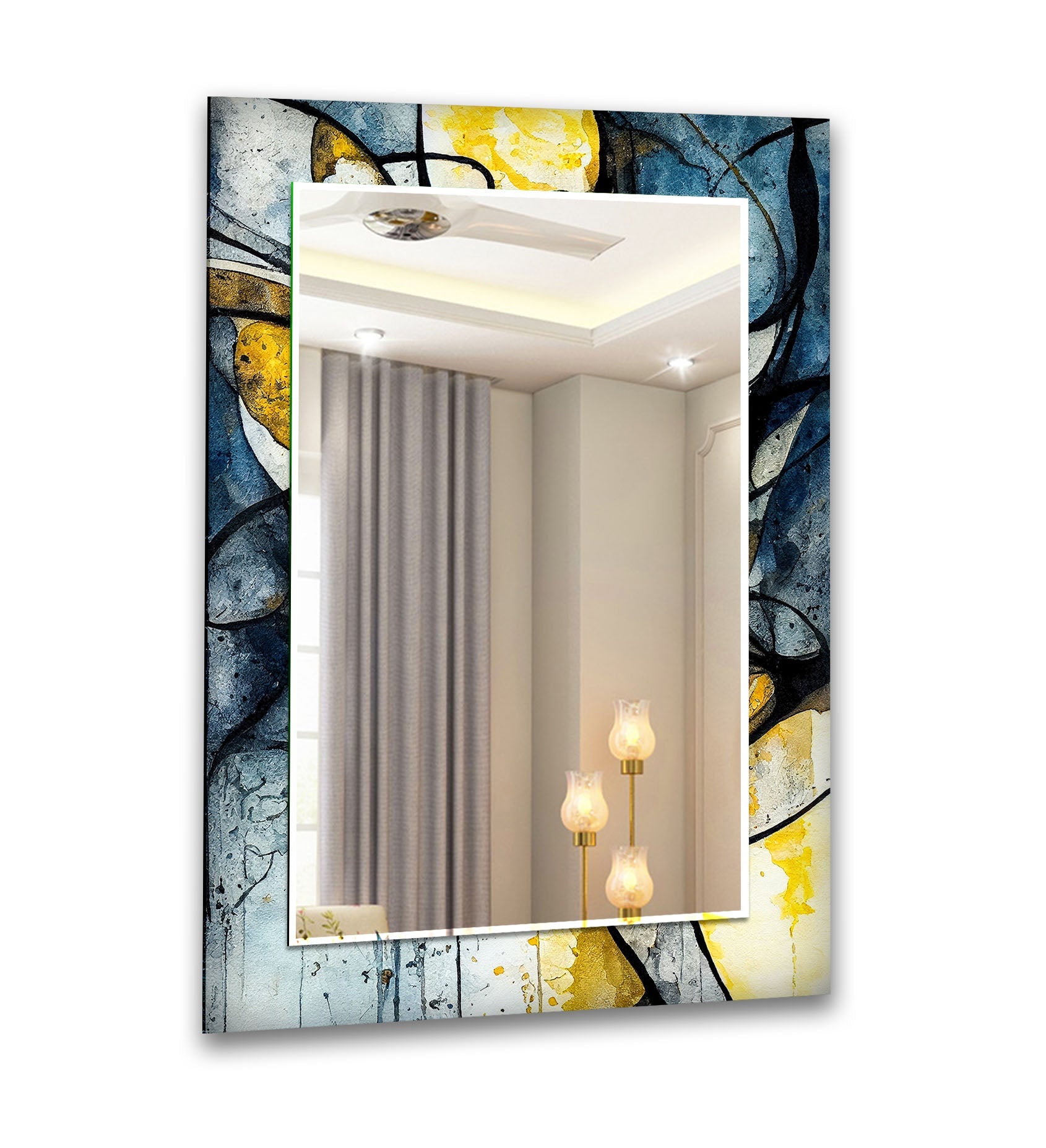 Abstract Wall Mirror in Blue and Yellow Ink - Modern Home Decor for Living Room, Bedroom, or Office