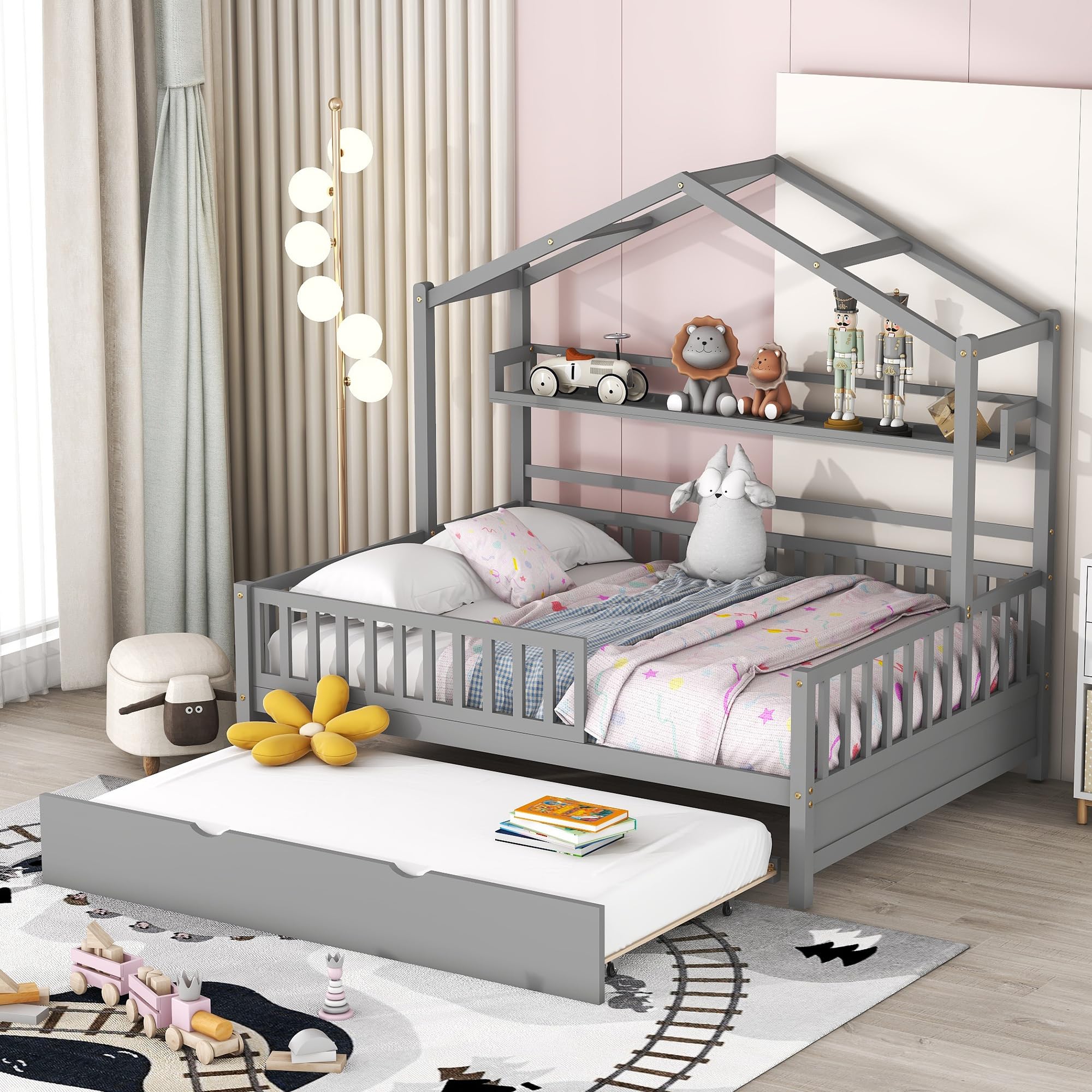 **Montessori Full Size House Bed with Trundle & Storage Shelves - Solid Wood Playhouse Bed Frame for Kids, Teens, Boys & Girls - Gray Platform Bed with Roof & Tent Design - Perfect for Bedrooms, Playrooms & Montessori Learning Spaces**