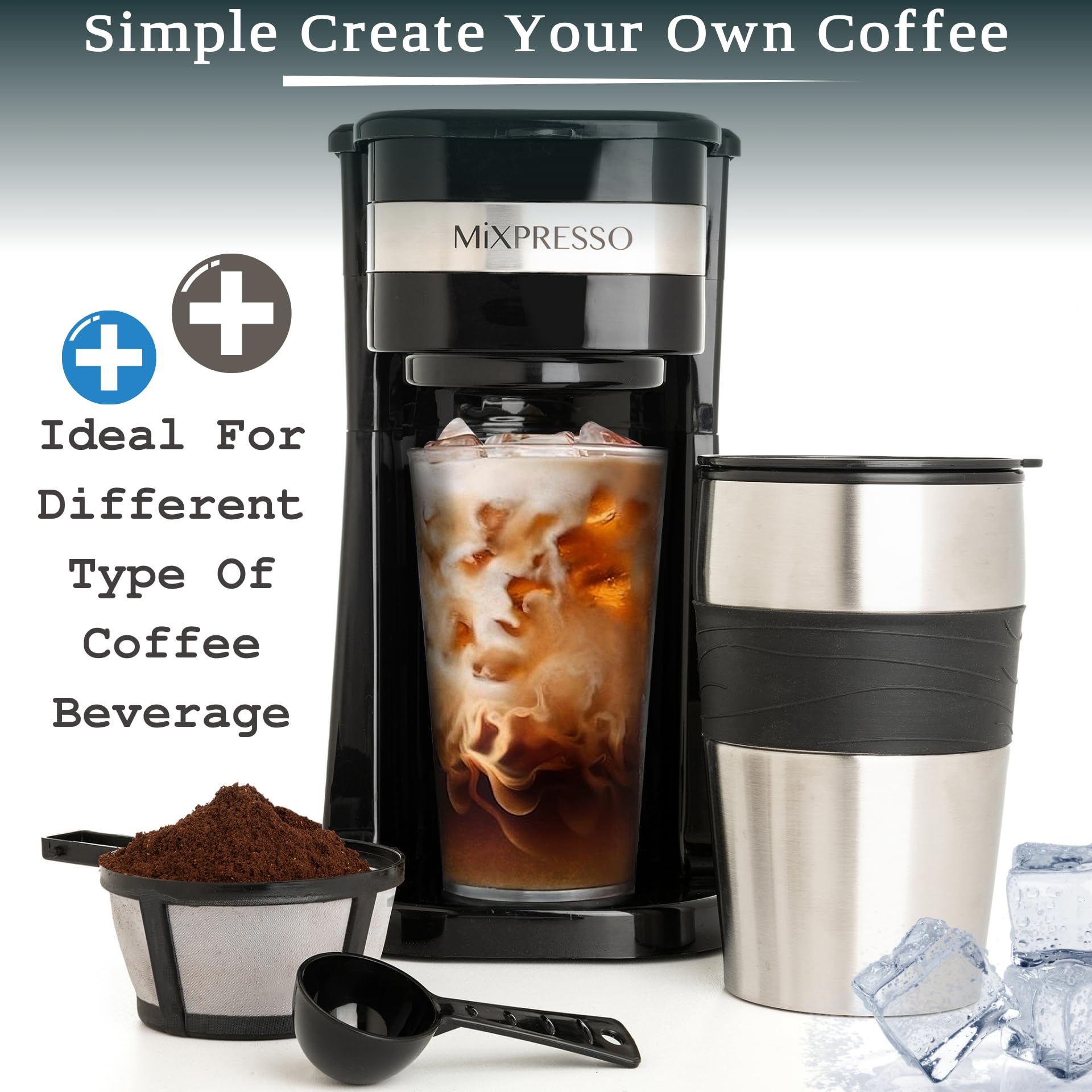 Mixpresso Personal Single Serve Coffee Maker with 14oz Travel Mug - Compact Drip Coffee Machine & Insulated Tumbler - Auto Shut Off & Reusable Filter - Works with Coffee Grounds - Perfect for Home, Office & Travel Use