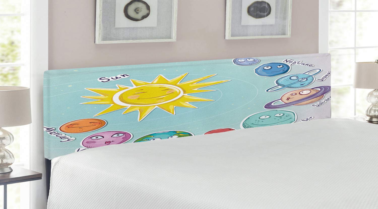 Ambesonne Space Headboard - King Size Upholstered Metal Bed Frame with Memory Foam | Solar System Planets & Celestial Chart Design | Multicolor Themed Bedroom Decor for Kids & Adults | Perfect for Space-Themed Rooms, Dorm Decor & Sci-Fi Lovers