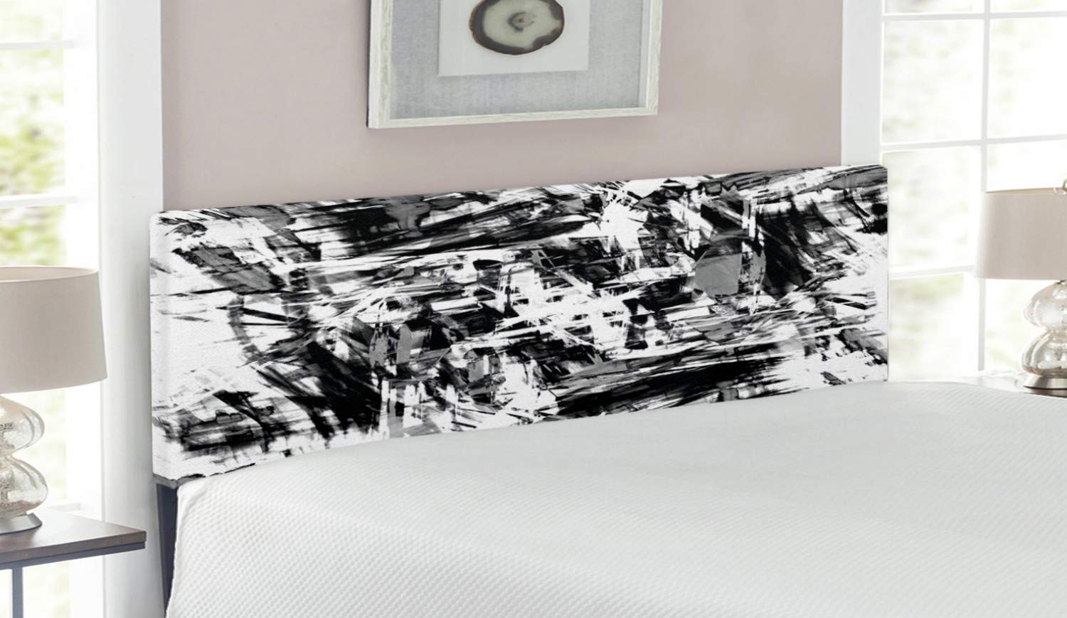 Ambesonne Monochrome Upholstered Headboard - Old Grunge Style Abstract Art with Brushstroke Design, Decorative Metal Bed Frame with Memory Foam - Queen Size in White, Black & Grey - Perfect for Modern Bedrooms, Guest Rooms & Studio Apartments