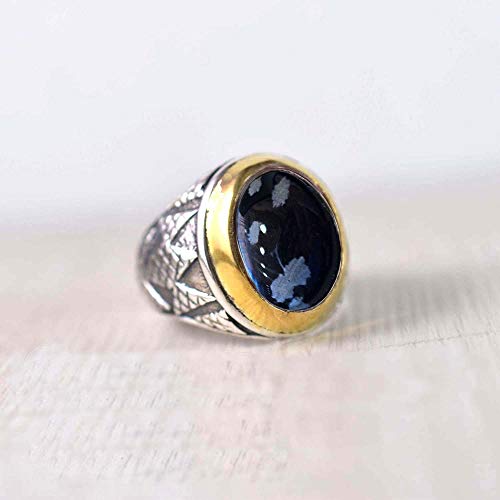 Snowflake Obsidian Ring for Men - 925 Sterling Silver Two-Tone Arabic Design Genuine Gemstone Jewelry - Metaphysical Healing Stone Ring - Unique Father's Day Gift for Him - Perfect for Meditation, Energy Balancing & Special Occasions