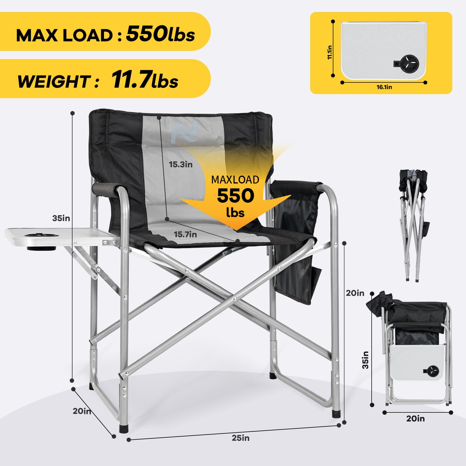 NAIZEA Heated Director Chair - Oversized Camping Chair for Adults with Side Table Pockets, 550lbs Weight Capacity - Portable Folding Heated Outdoor Chair for Camping, Beach, Tailgating & Makeup (Power Bank Not Included)