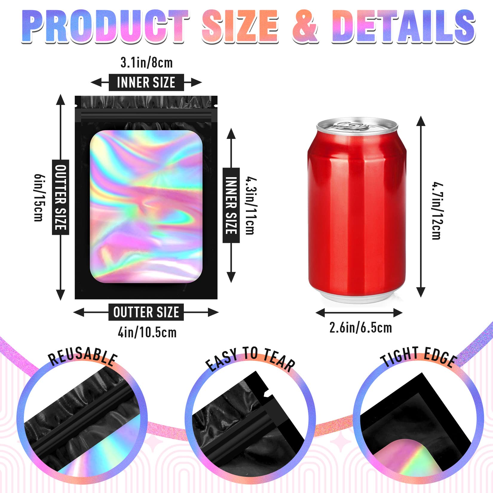 100 PCS Mylar Bags with Clear Window - 4x6 Inch Smell Proof Resealable Packaging Bags for Small Business | Candy, Sample, Freshie Storage | Ideal for Food, Coffee, Tea, Herbs & Retail Packaging