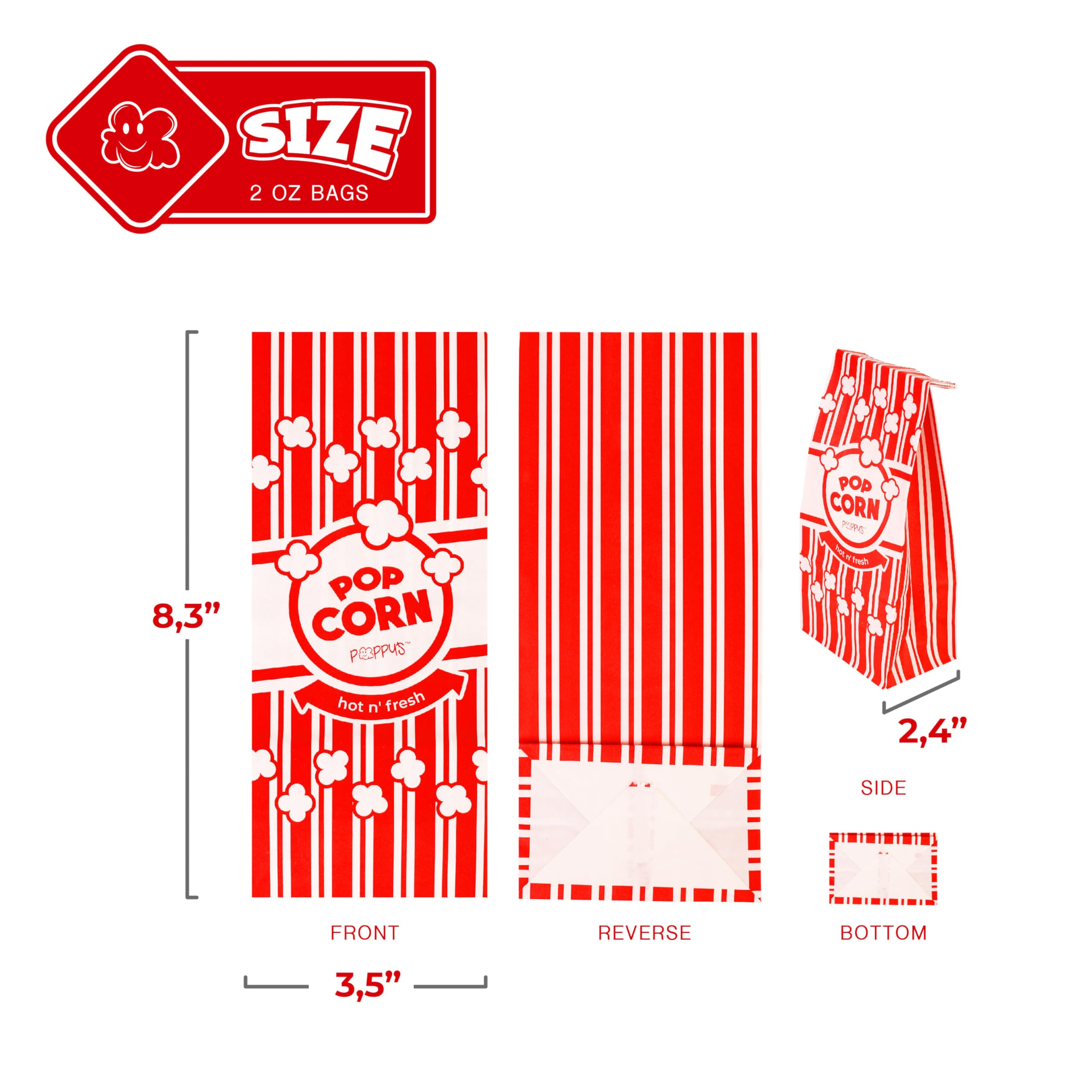 **Poppy's Flat Bottom Paper Popcorn Bags – 50 Pack 2 oz Concession-Grade Popcorn Machine Accessories for Movie Theaters, Carnivals & Home Use – Perfect for Popcorn Bars, Movie Nights & Concession Stands**