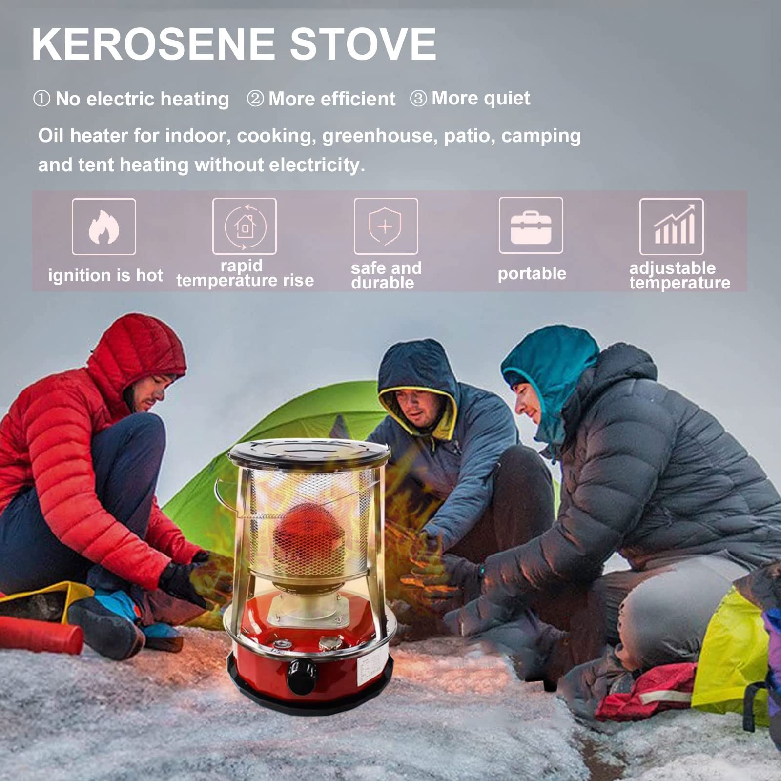 XXLL Indoor Kerosene Heater - 3-Wick Portable Kerosene Stove for Home, Camping & Fishing - Complete Accessories Included - Lightweight & Convenient Non-Electric Heating Solution - Perfect for Emergency Heating, Garage, Tent, Cabin & Outdoor Adventures (Red)