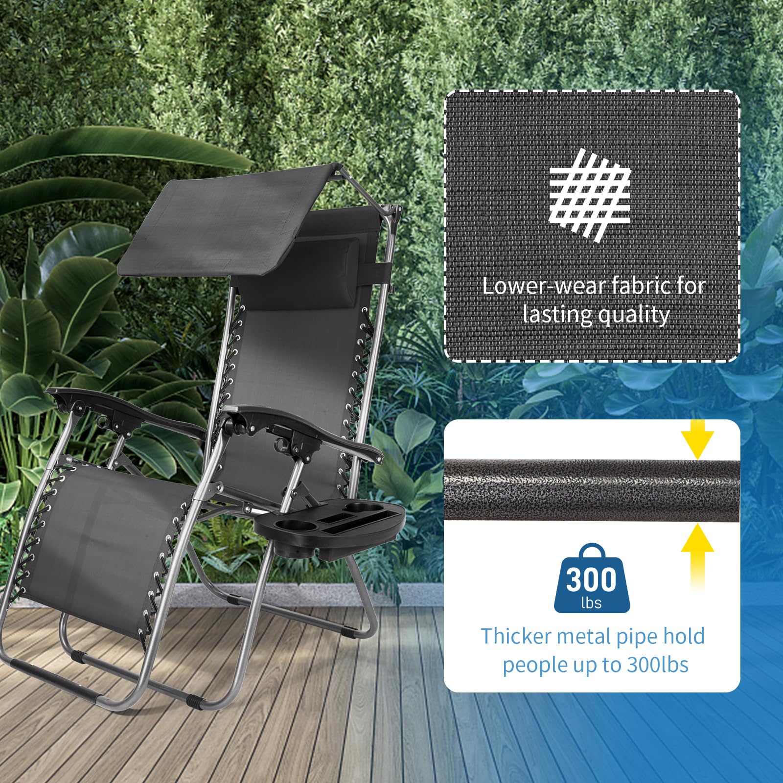Bonnlo Zero Gravity Chair with Canopy - Adjustable Folding Patio Lounge Chair with Sunshade, Cup Holder & Headrest - Perfect for Beach, Garden, Poolside & Outdoor Relaxation (Blue/Black)