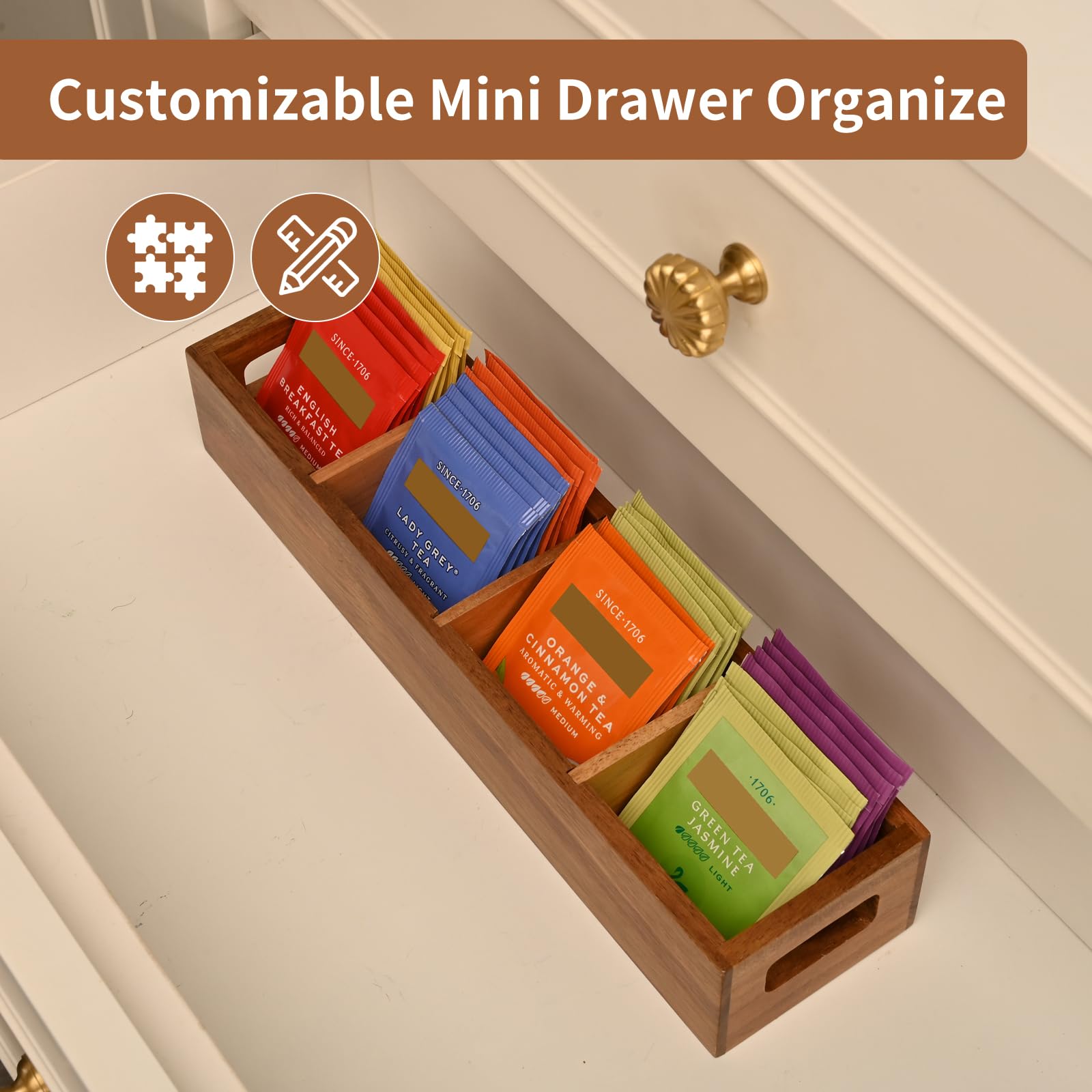 Premium Acacia Wood Tea Bag Organizer with 4 Slots - Elegant Tea Storage Holder for Tea Bags & Sugar Packets | Countertop Organizer for Kitchen, Office, or Dining Room